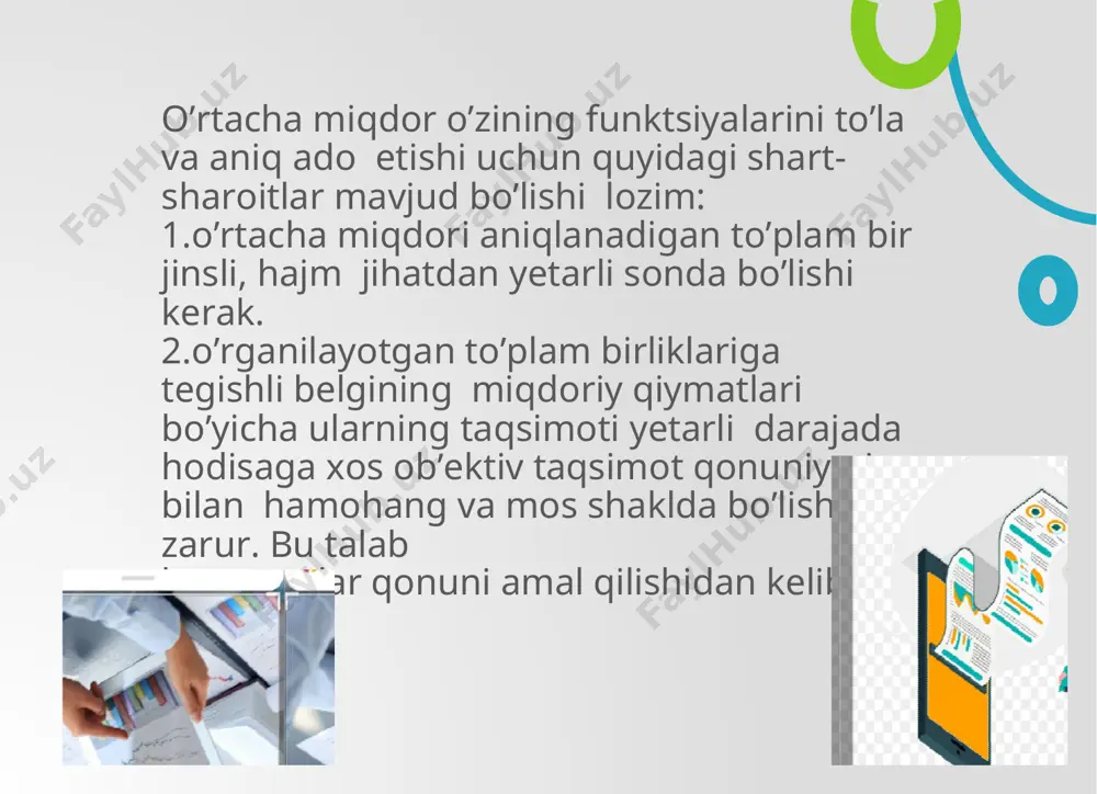 ilan variantlar (ob’ektlar) soni ma’lum bo’lsa, u holda arifmetik o’rtacha ishlatiladi. o’rtacha miqdor o’zgaruvchan miqdorlarning o’rtacha qiymatidir. u to’plam uchun xos bo’lgan umumiy tendentsiyani, qonuniyatni ifodalashi bilan bir qatorda belgining ayrim qiymatlarini niqoblaydi. vaholanki, bozor iqtisodiyoti hayotiy masalalarni yechishda belgining aniq qiymatlariga tayanishni taqazo etadi. masalan, kiyim-kechak va poyafzalga bo’lgan talab ularning o’rtacha o’lchami bilan emas, balki har bir o’lchamning aniq soniga nisbatan belgilanadi. shuning uchun taklif istiqbolini belgilash ham ana shunday ma’lumotlarga asoslanadi. avtomashina uchun benzinga, butlovchi qismlarga, balonlarga bo’lgan talab ham ularning o’rtacha belgi qiymatlariga binoan emas, balki ularning aniq turlariga qarab aniqlanadi. taklif ham shunday ko’rsatkichlarga asoslanadi. milliy valyutani qadrsizlanishi inflyatsion jarayon kechishi - bozor iqtisodiyotining yo’ldoshi va xususiyatidir. bu jarayonni o’rganish bozor baholari ustidan muntazam kuzatish olib borishni talab qiladi. ammo baholar uchun kuchli konyukturaviy tebranish xos bo’lib, ular savdo shaxobchalari, ayrim sotuvchilar va oluvchilar va vaqt sayin keng ko’lamda o’zgarib turadi. ayni bir xil va …