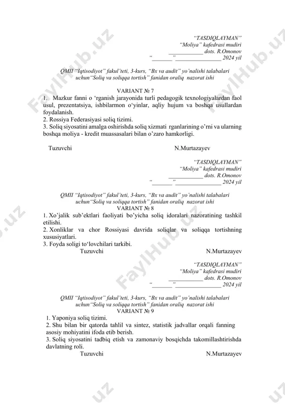 sdiqlayman” “moliya” kafedrasi mudiri ____________ dots. r.omonov “_______”________________ 2024 yil qmii “iqtisodiyot” fakul’teti, 3-kurs, “bx va audit” yo’nalishi talabalari uchun“soliq va soliqqa tortish” fanidan oraliq nazorat ishi variant № 9 1. yaponiya soliq tizimi. 2. shu bilan bir qatorda tahlil va sintez, statistik jadvallar orqali fanning asosiy mohiyatini ifoda etib berish. 3. soliq siyosatini tadbiq etish va zamonaviy bosqichda takomillashtirishda davlatning roli. tuzuvchi n.murtazayev “tasdiqlayman” “moliya” kafedrasi mudiri ____________ dots. r.omonov “_______”________________ 2024 yil qmii “iqtisodiyot” fakul’teti, 3-kurs, “bx va audit” yo’nalishi talabalari uchun“soliq va soliqqa tortish” fanidan oraliq nazorat ishi variant № 10 1. soliq tizimi va soliqqa tortish tizimi, ulaming amal qilish xususiyatlari. 2. soliqlar va boshqa majburiy to‘lovlarni hisoblash hamda budjetga to‘lashda soliq to‘lovchi sub’ektlaming huquqlari, majburiy atlari va javobgarligi. 3. naqd pul bilan muomala qiluvchi xo’jalik subektlari tomonidan savdo va xizmat ko’rsatish qoidalariga rioya qilinishini tekshirish tartiblari. tuzuvchi n.murtazayev “tasdiqlayman” “moliya” kafedrasi mudiri ____________ dots. r.omonov …