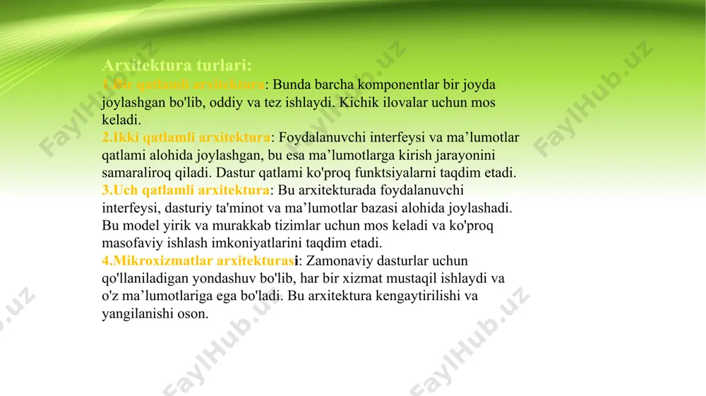 ry key va foreign key lar ishlatiladi. misol: buyurtmachilar va buyurtmalar jadvali. har bir buyurtmachining ko‘plab buyurtmalari bo'lishi mumkin, ammo har bir buyurtma faqat bitta buyurtmachiga tegishli. bu munosabatda buyurtmalar jadvalida buyurtmachi idsi foreign key sifatida saqlanadi, bu orqali jadvalda bog'lanish o'rnatiladi. ko'pga-ko'p munosabatlar (many-to-many relationship) ko‘pga-ko‘p munosabatlarda ikkala jadvaldagi yozuvlar ham bir-biriga mos ravishda bog‘lanishi mumkin. bunday munosabatni amalga oshirish uchun ko‘pincha uchinchi yordamchi jadval (oraliq jadval) qo‘llaniladi. misol: talabalar va kurslar jadvallari. har bir talaba bir nechta kursni tanlashi, va har bir kursda bir nechta talaba o‘qishi mumkin. bu holatda, talabalar-kurslar yordamchi jadvali yaratiladi, bunda talaba va kurslar o‘rtasidagi ko‘pga-ko‘p munosabatlarni ifodalaydi. talaba id va kurs id bu yordamchi jadvalda foreign key sifatida saqlanadi. tranzaksiyalarni boshqarishda oddiy so‘rovlar tranzaksiyalarni boshqarishda oddiy so‘rovlar (sql queries) yordamida ma'lumotlarni manipulyatsiya qilish, ularni qo‘shish, o‘zgartirish yoki o‘chirish imkoniyati mavjud. bu so‘rovlar orqali tranzaksiyalarni amalga oshirishda aniqlik va izchillikni ta'minlash mumkin. quyida tranzaksiyalar …