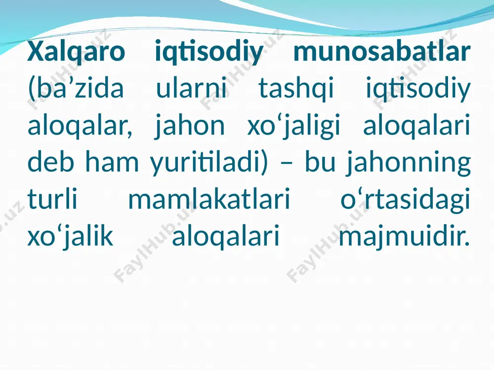 hi va yukori ish xaqi olish maqsadida bir mamlakatdan boshqasiga ko‘chib o‘tishini bildiradi. * * ishchi kuchining xalkaro migratsiyasini taqozo kiluvchi omillar: iqtisodiy siyosiy madaniy etnik qon-qardoshlik oilaviy va x.k xalqaro migratsiya tarkibiy tuzilishi: emmigratsiya – ishchi kuchining aynan olingan mamlakatga doimiy yashash uchun kirib kelishidir. immigratsiya – ishchi kuchining bir amlakatdan boshqasiga doimiy yashash uchun chiqib ketishini bildiradi. ishlab chiqarishning xalkaro kooperatsiyasi – mexnat taqsimotining baynalminal ko‘lamda birlashib borishidir. * * xalkaro kooperatsiyaning asosiy yunalishlari: yukori fan sig‘imli mahsulotlar ishlab chikarish va ilmiy tadqiqotlar o‘tkazish savdo-iqtisodiy soxada kooperatsiya tovarlarni sotgandan keyin xizmat ko‘rsatish. fan-texnika yutuqlari bilan xalkaro ayirboshlash shakllari: ilmiy-texnikaviy axborotlar ayirboshlanishi mutaxassislar va fan soxasi xodimlari bilan ayirboshlash tadkikot va yangiliklarni litsenziya asosida berish ilmiy-tadkikot ishlarini o‘tkazish fan-texnika va texnalogiyani ishlab chiqish buyicha umumiy qo‘shimcha tadbirkorlik. xalqaro injiniring. xalqaro injiniring – bu bir davlat tomonidan boshkasiga sanoat va boshka ob’ektlarni loyihalashtirish hamda kurish jarayoniga kerakli xisob-kitob loyihalarini berish …