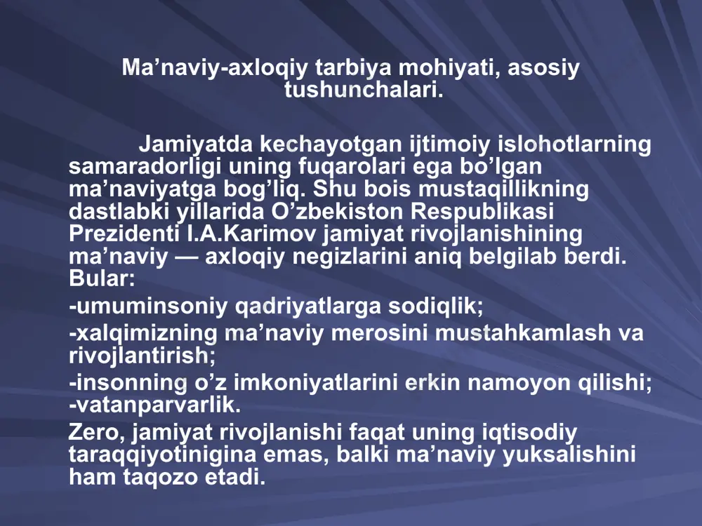 dunyoqarashga ega, ajdodlarimizning bebaho merosi va zamonaviy tafakkurga tayanib yashaydigan barkamol shaxs — komil insonni tarbiyalashdan iborat». demak, ma’naviyatli inson bilimli, ma’lum kasb —hunar sohibi, o’z vatanining sodiq fuqarosidir. o’z davlati qonunlarini biladigan va ularga amal qiladigan, yurti bilan g’ururlana oladigan inson. o’z vatani boyliklarini saqlaydigan, uni yanada boyitadigan, go’zalliklaridan bahramand bo’ladigan shaxs. u har qanday zararli illatlarga qarashi kurashadigan, milliy va umuminsoniy qadriyatlarni avaylab asraydigan insondir. axloq esa shaxsning xatgi —harakatlari, yurish — turishi, turmush tarzi, hayot kechirish tamoyillari, qoidalari, ijtimoiy munosabatlar mazmunini ifodalaydi. umuminsoniy qadriyatlarga sodiқlik halqimizning ma’naviy merosini mustahkamlash va rivojlantirish insonning o’z imkoniyatlarini erkin namoyon qilishi vatanparvarlik «ahlok» (lotincha—xulq—atvor ma’nosini bildiradi) ijtimoiy ong shakllaridan biri bo’lib, ijtimoiy munosabatlar hamda shaxs xatti—harakatini tartibga soladigan qonun—qoidalar majmuidir. ma’naviy — axlokiy tarbiya vazifalari quyidagilardan iborat: 1.o’quvchilarda ma’naviy — axloqiy ongni shakllantirish. 2.ularda ma’naviy—axloqiy his—tuyg’ularni tarbiyalash va rivojlantirish. 3.o’quvchilarda ma’naviy—axloqiy xulq—atvor ko’nikma va odatlarini tarkib toptirish. ma’naviy — axloqiy tarbiya …