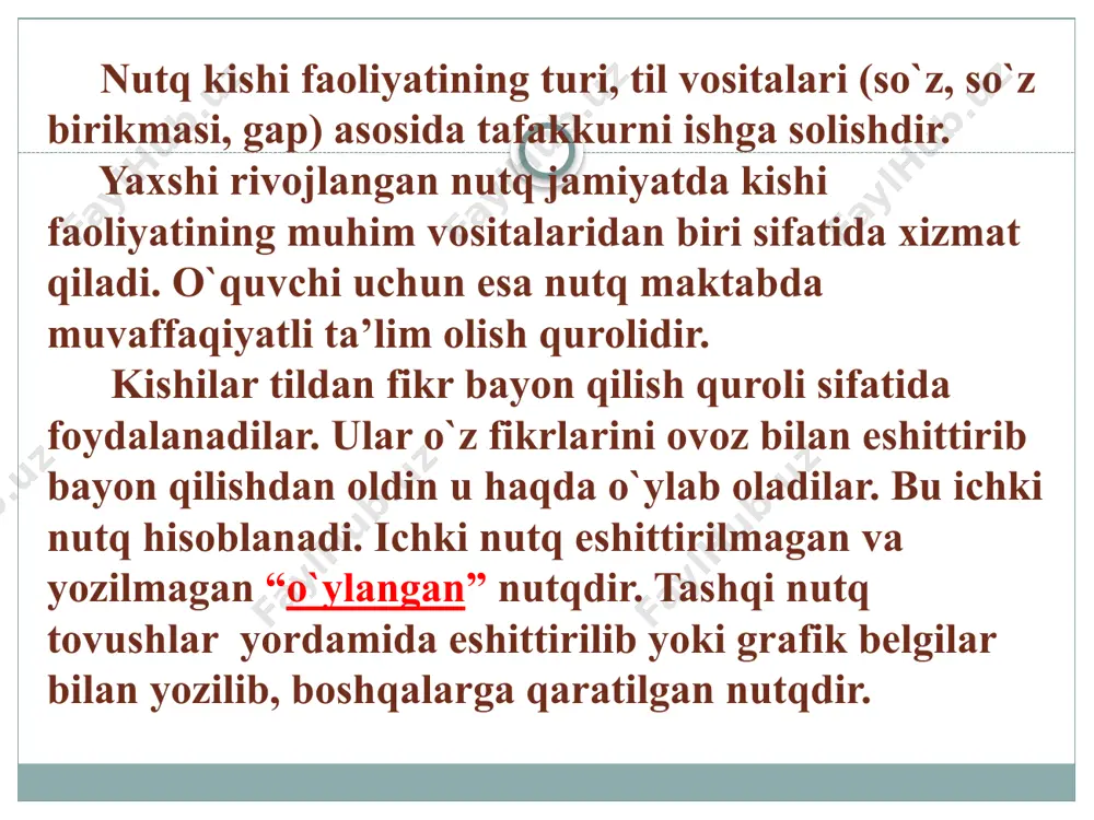 tq bog`lanishli nutq deyiladi. o`quvchining bog`lanishli nutqiga o`qituvchi savoliga o`quvchining keng, mukammal og`zaki javobini, yozma bayon va inshoni olish mumkin. nutq o`stirish va uning mazmuni, gap tuzishga kerakli so`z va uning shaklini tanlash, fikrni orfografik va punktatsiya jihatidan savodli bayon etish, orfoepik jihatdan to`g`ri talaffuz qilish ustida muntazam va rejali ishlash demakdir. nutq o`stirishda uch yo`nalish ajratiladi: 1) so`z ustida ishlash; 2) so`z birikmasi va gap ustida ishlash; 3) bog`lanishli nutq ustida ishlash. maktabda lug`at ustida ishlash metodikasi to`rt asosiy yo`nalishni ko`zda tutadi. 1.o`quvchilar lug`atini boyitish, ya’ni yangi so`zlarni, bolalar lug`atida bo`lgan ayrim so`zlarning yangi ma’nolarini o`zlashtirish. o`quvchi o`z lug`atiga har kuni 8-10 ta yangi so`zni ona tili darslarida, 4-6 ta so`zni o`qish darslarida qo`shishi, shu so`zlar ma’nosini o`zlashtirishi lozim. 2. o`quvchilar lug`atiga aniqlik kiritish: a) puxta o`zlashtirmagan so`zning ma’nosini puxta o`zlashtirishi; b) so`zning kinoyali ma’nosini, ko`p ma’noli so`zlarni o`zlashtirishi; v) so`zlarning sinonim va antonimlarini o`zlashtirishi. 3. lug`atni faollashtirish, ya’ni …