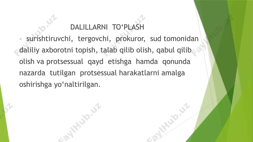n so‘zlab berish. 7. ishora qiluvchi savollar berishga yo‘l qo‘yilmasligi. 8. so‘roq qilinuvchining hujjatlar va boshqa yozuvlardan foydalanishi. 9. so‘roq qilinuvchining ilgarigi so‘roqlarda bergan ko‘rsatuvlarini o‘qib eshittirish. 10. so‘roq qilinuvchiga narsalar va hujjatlarni ko‘rsatish. 11. so‘roq jarayoni va natijalarini qayd qilish. 12. so‘roqning davom etish vaqti. yuzlashtirish yuzlashtirish– bu dalil to‘plash usullaridan biri bo‘lib, ilgari so‘roq qilingan ikki shaxs ko‘rsatuvlari o‘rtasida jiddiy qarama-qarshiliklar bo‘lganda, ushbu qarama-qarshiliklarning sababini aniqlash va bartaraf etish uchun o‘tkaziladi. jiddiy qarama-qarshiliklar – bu isbot qilish predmetiga kiruvchi holatlar mazmuni yuzasidan ko‘rsatuvlarda mavjud bo‘ladigan nomutanosiblik, ma’lumotlarning bir-birini rad etishi hisoblanadi. tanib olish uchun ko‘rsatish tergov harakati tanib olish obyektiga ko‘ra quyidagi turlarga bo‘linadi: 1 shaxsni tanib olish uchun ko‘rsatish. 2 ko‘char narsalarni tanib olish uchun ko‘rsatish. 3 ko‘chmas obyektni tanib olish uchun ko‘rsatish. ko‘rsatuvlarni hodisa sodir bo‘lgan joyda tekshirish mustaqil tergov harakati bo‘lib, surishtiruvchi, tergovchi va sud, gumon qilinuvchi, ayblanuvchi, sudlanuvchi, guvoh hamda jabrlanuvchilarning ko‘rsatuvlarini hodisa sodir …
