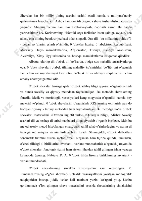 siy metod hisoblangan emas, balki tahlil talab o’rinlardagina va ayrim til tarixiga oid maqola va asarlarda uchrab turadi. shuningdek, o’zbek dialektlari fonematik tizimini sistem metod orqali o’rganish ham tajriba qilindi. jumladan, o’zbek tilidagi til birliklarini invariant - variant munosabatida o’rganish jarayonida o’zbek shevalari fonologik tizimi ham sistem jihatdan tahlil qilingan ishlar yuzaga kelmoqda (qarang: nabieva d. a. 0 ‘zbek tilida lisoniy birliklaming invariant - variant mundsabati. o‘zbek shevalarining sintaktik xususiyatlari kam o'rganilgan. y. jumanazarovning o‘g‘uz shevalari sintaktik xususiyatlarini yoritgan monografik tadqiqotidan boshqa jiddiy ishlar hali matbuot yuzini ko‘rgani yo‘q. ushbu qo‘llanmada e’lon qilingan sheva materiallari asosida shevalarining sintaksisini yoritishga harakat qilamiz. awal ta’kidlaganimizdek o‘zbek shevalarining o‘ziga xos xususiyatlari, asosan, fonetika, leksika va morfologiyada namoyon bo‘ladi. sintaksis esa hozirgi adabiy tilning so‘zlashuv shaklini ko‘proq aks ettiradi. bu, ayniqsa, savoljavoblardan iborat matnlarda ko‘zga tashlanadi. xalq shevalaridan yozib olingan ertak, lapar va boshqa janrdagi matnlarda ham, asosan adabiy tilga xos bo‘lgan xususiyatlar aks …