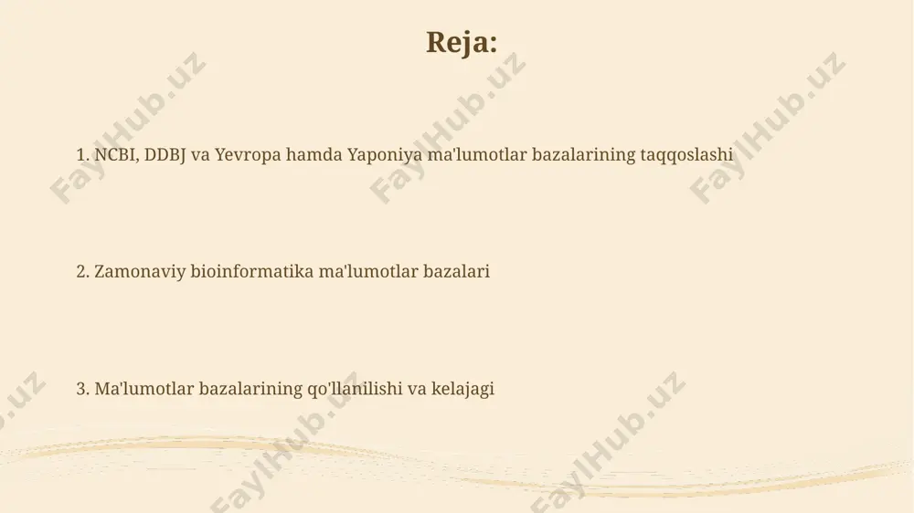 ashtirishga yordam beradi. ncbi haqida umumiy ma'lumot ncbi genbank, pubmed kabi muhim resurslarni taqdim etadi, ular genom sekanslari, ilmiy maqolalar va biotexnologiya bilan bog'liq boshqa ma'lumotlarni o'z ichiga oladi. ncbi blast kabi kuchli bioinformatika vositalarini taklif qiladi, bu esa oqsil va nukleotid ketma-ketliklarini qidirish va taqqoslash imkonini beradi, natijalarda 100 millionlab tegishli yozuvlar ko'rsatiladi. ma'lumotlar bazalaridan foydalanish misollari ncbi blast vositasi yordamida 1000 dan ortiq oqsil ketma-ketligini qidirish va ularning gomologiyasini aniqlash orqali filogenetik daraxtni qurish mumkin. evropa bioinformatika instituti (embl-ebi) bazalarida saqlanuvchi 5000 dan ziyod gen ekspression profili ma'lumotlaridan foydalanib, saraton kasalligi diagnostikasi uchun yangi biomarkerlarni topish mumkin. ddbj ma'lumotlar bazalarining turlari ddbj-da taxminan 200 dan ortiq turli xil organizmlarning genomik ma'lumotlari, shu jumladan, bakteriyalar, o'simliklar va hayvonlarning genomlari saqlanadi. ddbj, proteinlarning 3d tuzilmalari haqida ma'lumotlarni o'z ichiga olgan pdb (protein data bank) ma'lumotlar bazasi bilan ham integratsiyalashgan bo'lib, 100,000 dan ortiq tuzilmalarga kirish imkoniyatini beradi. embl-ebi ma'lumotlar bazalarining …