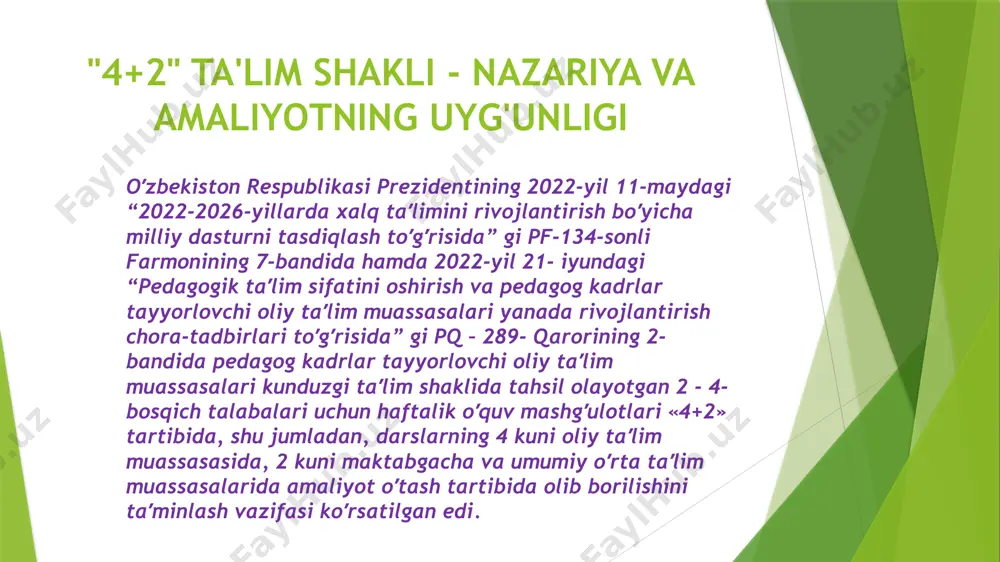 zlar bilan amaliyot jarayonini olib bordim. ulardan dars o’tish jarayonini va metodikalarni o’rgandim. . men amaliyot davomida dars jarayonini kuzatishdan tashqari o’quvchilarga dars ham o‘tdim. bunda o’quvchilarga yangi mavzu haqida ma’lumot berdim, misollar ishlatdim va ishlashga qiynalgan o’quvchilarga yordam berdim. darsda yangi metodikalar qo’lladim va yangi o’yinlar o’ynatdim. men o’tgan dars kuzatgan ustozlarga yoqdi va namunali deb topishdi. men amalyotimiz davomida maktab tomonidan biriktirilgan odilova gulsanam ustozdan kundalik.com, cerebry va o‘qituvchilar tomonidan yuritiladigan hujjatlar, sinf rahbarlari yuritadigan hujjatlari,to’garak hujjatlari haqida ma’lumotlarni o‘rganib oldim. kundalik.com nima? kundalik.com tizimi – onlayn rejimda darslarning jadvalini tuzish, o‘qituvchilar uchun darsbay rejalarni shakllantirish, davomat va o‘quvchilarning o‘zlashtirishini jurnal va kundalikning elektron shakllarida qayd etish, shuningdek, ta’lim tashkilotlari va ta’lim organlariga statistik hisobot tuzish vositalarini taqdim etish imkonini berad. cerebry qanday dastur? cerebry — bu ta'lim va shaxsiy rivojlanish uchun mo'ljallangan platforma bo'lib, unda foydalanuvchilar turli mavzular bo'yicha bilim olishlari mumkin. dastur sun'iy intellekt yordamida foydalanuvchining …