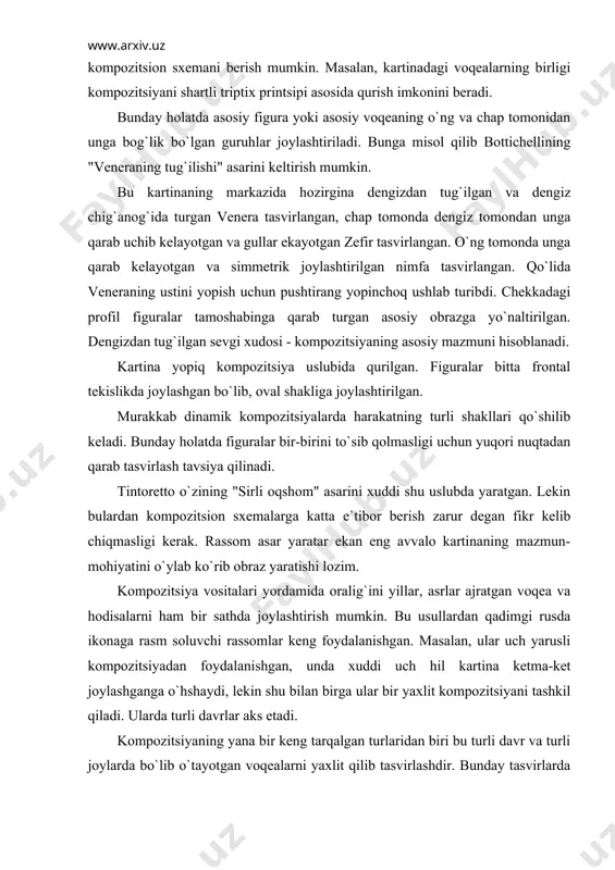 alan, ular uch yarusli kompozitsiyadan foydalanishgan, unda xuddi uch hil kartina ketma-ket joylashganga o`hshaydi, lekin shu bilan birga ular bir yaxlit kompozitsiyani tashkil qiladi. ularda turli davrlar aks etadi. kompozitsiyaning yana bir keng tarqalgan turlaridan biri bu turli davr va turli joylarda bo`lib o`tayotgan voqealarni yaxlit qilib tasvirlashdir. bunday tasvirlarda asosiy obraz yirik qilib o`rtada joylashtiriladi, kichikrok tasvirlar esa uning chekkalariga joylashtiriladi. bunday misollarni kitob grafikasi, xalq amaliy san`ati, ikona rasmlari va san`atning boshqa turlarida uchratish mumkin. biz muntazam o`zgarib turuvchi dunyoda ishlayapmiz. kartinada vaqtni harakatini berish orqali tasvirlash mumkin. rangtasvir, freska, miniatyurada harakat syujetning holatiga qarab qabul qilinadi. inson xarakterli va voqealarning chuqurligi kartinadagi aniq harakatda yorkin namoyon bo`ladi. hattoki ba`zi rassomlar portret, natyurmort va manzarada ham tasvirni dinamika bilan to`ldirishga harakat qilishadi. bunday asarlarga qarab, hozir nima bo`lgani, keyinroq nima bo`lishini tasavvur qilish mumkin. syujetning dinamikligi qandaydir ob`ektlarning joylashishidangina emas, balki ularning ichki holatini aks ettirishidan ham kelib …