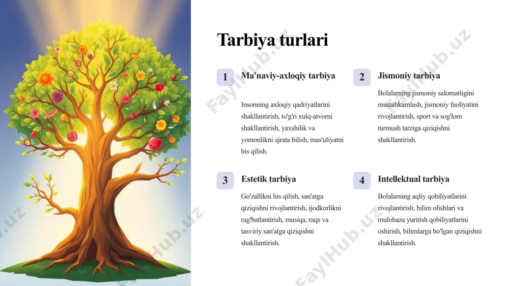 ashuv har bir bolaning xususiyatlarini hisobga olib, tarbiya ishlarini olib borish. 2 zamonaviy usullar zamonaviy tarbiya usullaridan foydalanish, bolalarning qiziqishlarini hisobga olish, interaktiv o'yinlar va amaliy mashg'ulotlarni qo'llash. 3 oila va jamiyatning ishtiroki oila va jamiyat bilan hamkorlikda tarbiya ishlarini olib borish, bolaning tarbiyasiga birgalikda yondashish. 11 image1.png image2.png image3.png image4.png image5.png image6.png image7.png image8.png image9.png image10.png image11.png image12.png image13.png image14.png image15.png image16.png image17.png