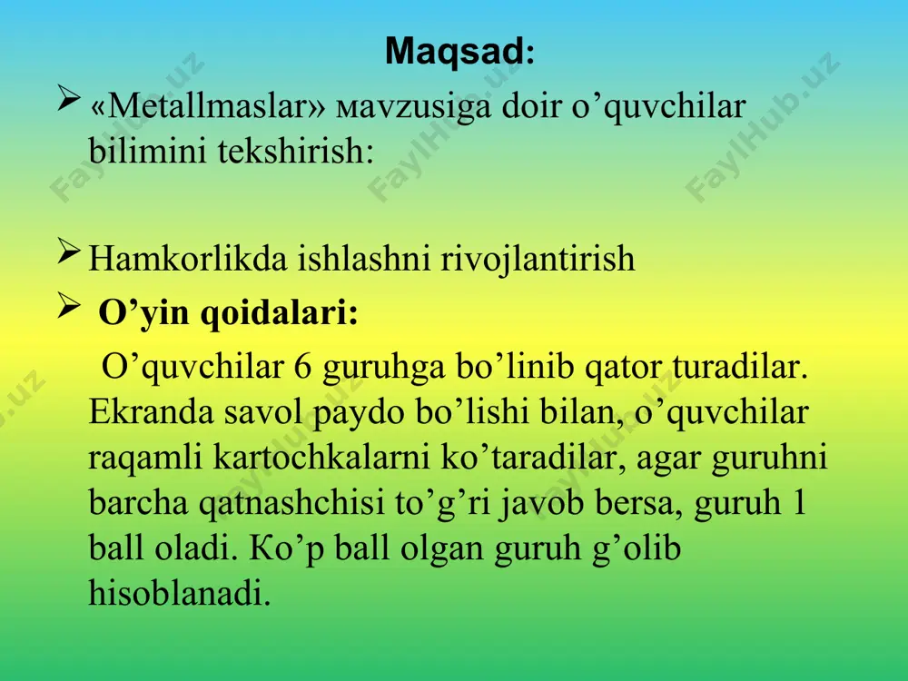 izil to’q-sariq ko’kimtir siyohrang . 1. 2. 3. 4. 5. 6. yashil sariq qizil to’q-sariq ko’kimtir siyohrang . 1. 2. 3. 4. 5. 6. seziy kumush kalsiy natriy kaliy litiy . 1. 2. 3. 4. 5. 6. seziy kumush kalsiy natriy kaliy litiy . 1. 2. 3. 4. 5. 6. 72,51% 73,08% 74,08% 75,51% 76,51% 78,08% . 1. 2. 3. 4. 5. 6. 72,51% 73,08% 74,08% 75,51% 76,51% 78,08% . 1. 2. 3. 4. 5. 6. uglerodsulfidda eriydi suvda eriydi to’q malinarangli kukun qorongida yonadi zaharli emas zaharli . 1. 2. 3. 4. 5. 6. uglerodsulfidda eriydi suvda eriydi to’q malinarangli kukun qorongida yonadi zaharli emas zaharli . 1. 2. 3. 4. 5. 6. falsafa toshi olmos zumrad ametist grafit sapfir . 1. 2. 3. 4. 5. 6. falsafa toshi olmos zumrad ametist grafit sapfir . 1. 2. 3. 4. 5. 6. natriy маgniy mis каliy skаndiy ammoniy . 1. …