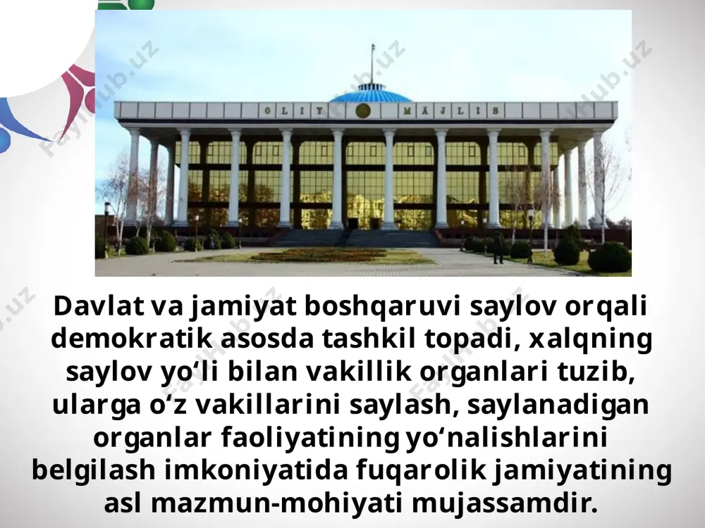 onunchilik palatasi o‘z faoliyatini doimiy professional asosda amalga oshiradi va uning tarkibi asosan qonun va boshqa huquqiy hujjatlar yaratish uchun zarur bilim, tajriba va malakaga ega yuqori saviyadagi mutaxassislardan iborat bo‘ladi. qonunchilik palatasi boshqa nom bilan parlamentning quyi palatasi deb ham yuritiladi. o‘zbekiston respublikasi oliy majlisi qonunchilik palatasi va senati ning vakolat muddati – besh yil. davlatimiz konstitutsiyasining 77- moddasiga ko‘ra, o‘zbekiston respublikasi oliy majlisining qonunchilik palatasi qonunga muvofiq saylanadigan bir yuz ellik nafar deputatdan iborat. o‘zbekiston respublikasi oliy majlisining senati hududiy vakillik pala tasi bo‘lib, 100 nafar senat a’zolaridan (senatorlardan) iborat. saylov kuni yigirma besh yoshga to‘lgan hamda kamida besh yil o‘zbekiston respublikasi hududida muqim yashayotgan o‘zbekiston respublikasi fuqarosi o‘zbekiston respublikasi oliy majlisining qonunchilik palatasi deputati, shuningdek, o‘zbekiston respublikasi oliy majlisining senati a’zosi bo‘lishi mumkin. oliy majlis quyidagi ishlarni amalga oshiradi: - o‘zbekiston respublikasi prezidenti farmonlarini tasdiqlash; - konstitutsion, oliy sudlarni saylash; - markaziy bank raisini saylash; - o‘zbekiston …