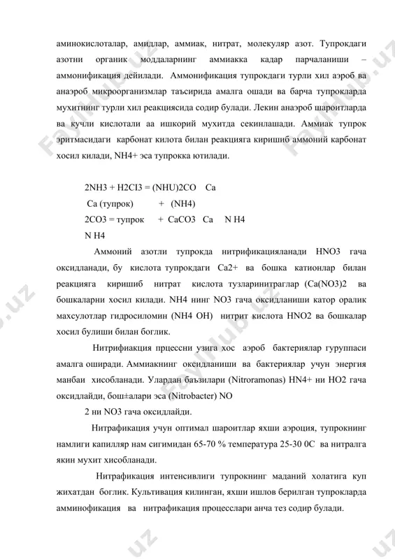 орли кайтарилиш жараёни натижасида йуколади. ўсимликлар узлаштирган азотнинг бир кисмини гунг билан бирга тупрокка кайтиб келади. тупрокдаги азот захираларини тулдириб туришини бирдан-бирп табиий манбаи атмосфера азотидир. атмосфера хар бир гектар тупрок тепасида 80 минг тоннага якин азот булади, лекин хаводаги молекуляр азотни куп усимликлар (дуккакли усимликлардан ташкари) узлаштира олмайди. хаводаги молекуляр азотнинг богланиши ва тупрокдаги азот захираларининг тулдирилиши икки йул билан содир булади. озрок микдордаги богланган азот (бир гектарга 3-5 кг гача) атмосферанинг узида чакмок чакканда хосил булади ва ёгин-сочинлар билан аммиак нитрат ва нитрат кислоталар холида тупрокка тушади. тупрокдаги азотли тулдиришда ва усимликларнинг озикланишида хаво азотини тупрокдаги эркин яшайдиган азотфиксицияловчи микроорганизмлар ва дуккакли усимлклар билан симбиоз холда яшайдиган туганак бактериялар таъсирида богланиши анча катта ахамиятга эга. асосий адабиётлар: 1. и.а.каримов «ўзбекистон xxi аср бусагасида: хавфсизликка такдид, баркарорлик шартлари ва тараккиёт кафолатлари». т, ўзбекистон 1998. 2. и.а.каримов «кишлок хужалик тараккиёти тукин хаёт манбаи». т., «ўзбекистон» 1998. 3. кишлок хужалигида ислохатларни …
