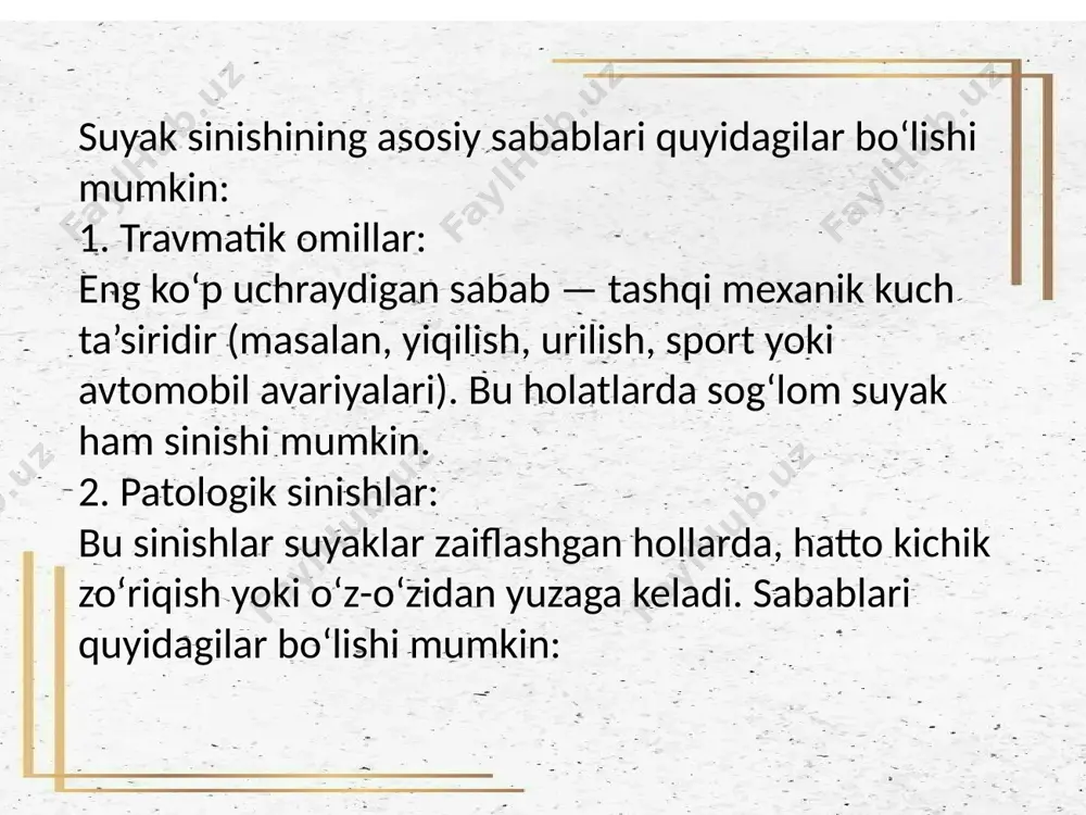 li bo‘lmagan, osteoporoz yoki infektsiyalangan hollarda kuzatiladi. rentgenologik nazoratda aniqlanadi. 3. yallig‘lanish (osteomiyelit): ayniqsa ochiq sinishlarda yoki jarrohlik aralashuvdan so‘ng infeksiya tushishi natijasida suyak va yumshoq to‘qimalarda yallig‘lanish jarayoni yuzaga keladi. bu og‘riq, harorat ko‘tarilishi, yiringli ajralma bilan kechadi. xulosa: suyak sinishi — nafaqat suyakning shikastlanishi, balki butun organizm faoliyatiga ta’sir qiluvchi holat bo‘lib, uning asoratlari sog‘liq uchun jiddiy tahdid tug‘dirishi mumkin. shu sababli sinishni oldini olish, yuz berganida esa tibbiy protokollarga rioya qilish va reabilitatsiya choralari to‘liq bajarilishi lozim. e'tiboringiz uchun raxmat☺️ image1.jpeg image2.jpeg image3.jpeg image4.jpeg image5.jpeg image6.jpeg image7.jpeg image8.jpeg