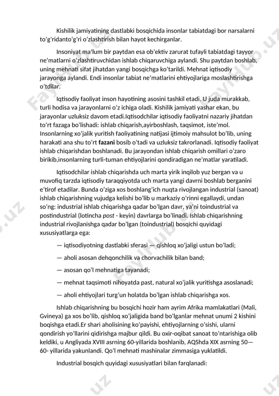 u angliyada xviii asrning 60-yillarida boshlanib, aqshda xix asrning 50—60- yillarida yakunlandi. qo’l mehnati mashinalar zimmasiga yuklatildi. industrial bosqich quyidagi xususiyatlari bilan farqlanadi: • iqtisodiyotda asosiy rolni mashinalashgan sanoat ishlab chiqarishi o’ynaydi; • sanoat boshqa muhim tarmoqlar (qishloq xo’jaligi, qurilish, transport)ni ham qayta qurishga olib keladi; • aholining asosiy qismi industrial tarmoqda band bo’ladi; • mehnat taqsimotining chuqurlashuvi ro’y berib, ko’plab yangi tarmoqlar vujudga keladi. natijada iqtisodiyotda ishlab chiqarishni tashkil qilishning murakkab shakli tovar ishlab chiqarish rivojlanadi; • aholi urbanizatsiya (urbahis — shahar)si ro’y beradi. aholining asosiy qismi shaharlarda yashay boshlaydi; • ishlab chiqarish imkoniyatlarining kengayishi turli-tuman ehtiyojlarni qondirish uchun yo’l ochadi. ikkinchi «demografik portlash» iqtisodiyotning industrlashtirilishi bilan bog’liq. 1650—1974 yillarda aholi 7 marta ko’paydi (1650 yili planetamizda 650 mln. kishi yashagan). dunyo aholisi ayniqsa keyingi 50 yil ichida tez sur’atlar bilan ko’paydi. buning natijasida ehtiyojlarni qondirish bilan cheklangan ishlab chiqarish imkoniyatlari o’rtasida qarama-qarshilik kuchayib bordi. bu qarama-qarshilik 50- yillarda …