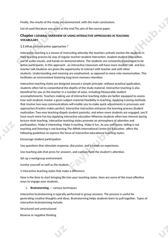 aching vocabulary 1.1.what are interactive approaches ? interactive teaching is a means of instructing whereby the teachers actively involve the students in their learning process by way of regular teacher-student interaction, student-student interaction, use of audio-visuals, and hands-on demonstrations. the students are constantly encouraged to be active participants. in this approach , an interactive classroom will have more student talk and less teacher talk.students are given the opportunity to interact with teacher and with other students .understanding and meaning are emphasized, as opposed to mere rote memorization. this facilitates an environment fostering long-term memory retention. interactive teaching styles are designed around a simple principle: without practical application, students often fail to comprehend the depths of the study material. interactive teaching is also beneficial for you as the teacher in a number of ways, including:measurable student accomplishments: teachers making use of interactive teaching styles are better equipped to assess how well …