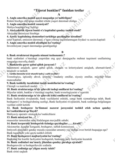tijorat banklari fanidan testlar — DOCX
