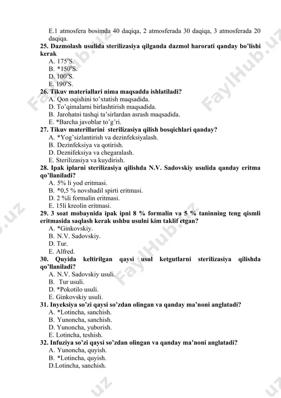 cha, sanchish. d. yunoncha, yuborish. e. lotincha, teshish. 32. infuziya so’zi qaysi so’zdan olingan va qanday ma’noni anglatadi? a. yunoncha, quyish. b. *lotincha, quyish. d.lotincha, sanchish. e. yunoncha, yuborish. 33. qanday dori moddalarini teri ostiga yuborish ta’qiqlanadi? a. *suspenziyali, gipertonik va qitiqlovchi eritmalarni. b. qitiqlovchi eritmalarni. d. suvli va yog’li eritmalar. e. barcha turdagi eritmalarni yuvorish mumkin. 34. asosan ayrim infeksion kasalliklarni diagnostika qikishda bajariladigan inyeksiya turini ko’rsating a. teri ostiga. b. muskul orasiga. d. *teri ichiga. e. arteriyaga. 35. nima maqsadda hayvonlarda arteriya tomiriga inyeksiya qilinadi? a. patologik jarayonga tezroq ta’sir qilish uchun. b. dorining ta’sirini kuchytirish uchun. d. aniq maqsadni ko’zlab. e. *barcha javoblar to’g’ri. 36. yurak bo’shlig’iga inyeksiya qilganda qaysi tomondan va nechanchi qovurg’alar orasidan qancha sm chuqurlikda igna sanchiladi? a. *chap tomondan 5-6 qovurg’lar oralig’iga 3-5 sm chuqurlikda. b. o’ng tomondan 5-6 qovurg’lar oralig’iga 3-5 sm chuqurlikda. d. chap tomondan 6-7 qovurg’lar oralig’iga 3-5 sm chuqurlikda. …