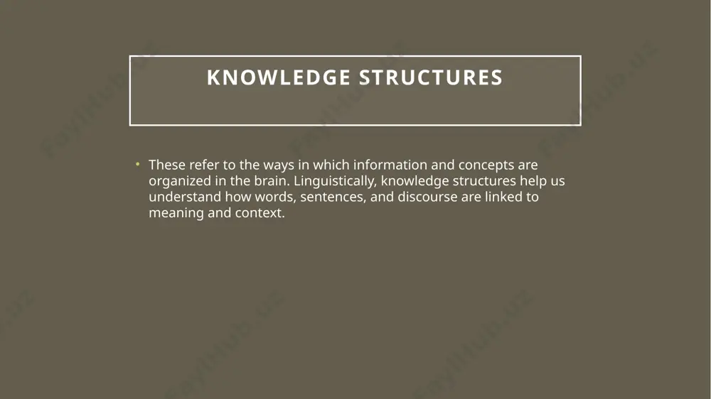 uence language comprehension and production. this includes how meaning is constructed through mental representations. discourse and text analysis in discourse, knowledge structures help speakers and writers organize ideas coherently. frames and scripts can shape how narratives are structured and how listeners/readers anticipate events. application in modern linguistics pragmatics knowledge structures play a crucial role in pragmatics, particularly in how individuals understand implicature and presuppositions based on shared knowledge (e.g., common social scripts or cultural schemas). semantic networks knowledge structures are represented in semantic networks where concepts are nodes, and the connections between them (edges) reflect the relationships. this is often used in computational linguistics for natural language processing (nlp). theoretical background cognitive grammar (langacker) cognitive grammar examines how linguistic knowledge is structured in the mind and how it reflects general cognitive principles like categorization, conceptual metaphor, and mental spaces. frame semantics (fillmore) this theory explores how words are understood in …