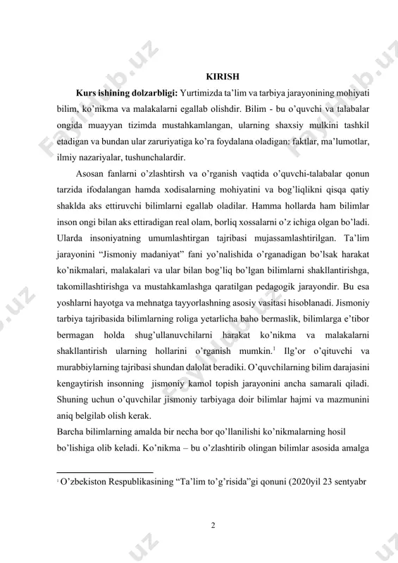 h insonning jismoniy kamol topish jarayonini ancha samarali qiladi. shuning uchun o’quvchilar jismoniy tarbiyaga doir bilimlar hajmi va mazmunini aniq belgilab olish kerak. [1: o’zbekiston respublikasining “ta’lim to’g’risida”gi qonuni (2020yil 23 sentyabr] barcha bilimlarning amalda bir necha bor qo’llanilishi ko’nikmalarning hosil bo’lishiga olib keladi. ko’nikma – bu o’zlashtirib olingan bilimlar asosida amalga oshiriladigan va amaliy jihatdan maqsadga muvofiq harakatlarga tayyorlikda ifodalangan ongli faoliyatdir. harakat ko’nikmasi- bu xarakat tajribasi va bilim asosida egallangan, harakat faoliyati jarayonida harakatlarning avtomatlashmagan boshqarish qobiliyatidir. turli harakatlarga o’rgatish jarayonida ko’nikma va malakalarni shakllantirish jismoniy sifatlarni tarbiyalash bilan uzviy birlikda amalga oshiriladi.jismoniy sifatlarning rivojlanish darajasida bolalarning harakat faoliyati,muvoffaqiyati va harakatlarining yangi shakllarni egallash qobilayati, ulardan maqsadga muvofiq foydalana olish bilan belgilanadi. harakat ko’nikmasi, harakat mehnatini amalga oshirishda ikki hil ko’rinishda farqlanadi: birinchi, yaxlit faoliyatini amalga oshirishda ikkinchisi ayrim murakkabligiga ko’ra turlicha harakatlarda ifodalanadi. birinchi turdagi ko’nikmalar o’zgaruvchan sharoitda to’satdan vujudga keladigan harakat vazifalarni hal etish zaruriyati masalan …