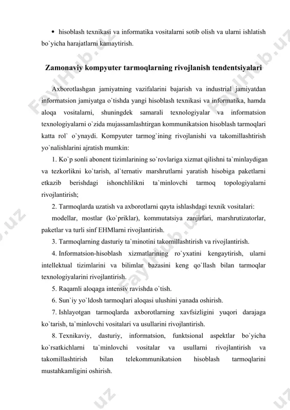 ydi. java – bu interpritatsiya qiluvchi bo`lib, ochiq muhit ishiga maxsus tayyorlangan. barcha www novigatorlari va ko`pgina serverlar uni quvvatlanishini ta`minlaydilar. shuni ta`kidlash joizki, java loyixasi www sistemasining chuqur muammolarini echishga imkon yaratada. sun microsystems kompaniyasi java loyihasi yordamida tarmoq texnologiyalari bo`yicha birinchilardan bo`lib, ―tarmoq – bu kompyuter‖ ostida yangi bozor yaratishni mo`ljallamoqda. global hisoblash tarmog`ining rivojlanishida muammolarni echishga to`g`ri keladi. tarmoq abonentlarining soni ortishi bilan boshqarish muammosi qiyinlashadi. tarmoq kommertsiyalashtirilayapti, uni davlat tomonidan moliyalashtirish to`liq to`xtatilgan. global hisoblash tarmog`ining ruxsat etilmagan kirishdan himoya etish ham muhim o`rinlardan biri bo`lib qolyapti. hozirgi paytda internetda kompyuterlarni adreslash ip protokoli 32 bitdan tashkil topgan. tarmoq abonentlarining tez o`sib borishiga, bu adreslash etarli bo`lmay qoladi. bu muammoni echish uchun ip protokolining yangi ip-avlodi ishlanmokda, unda adres uchun 128 bit ajratilgan, bu astronomik mikdordagi abonentlarni adreslashga imkon yaratadi. bu esa joriy dasturni ta`minlash va tarmoqning aktiv asbob-uskunasini almashtirishni talab qiladi. hisoblash tarmoqlarining rivojlanishitaqsimlangan tizimlarning …