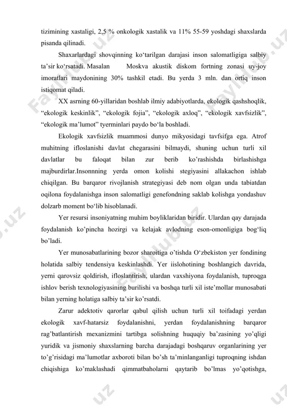 antirish mexanizmini tartibga solishning huquqiy ba’zasining yo’qligi yuridik va jismoniy shaxslarning barcha darajadagi boshqaruv organlarining yer to’g’risidagi ma’lumotlar axboroti bilan bo’sh ta’minlanganligi tuproqning ishdan chiqishiga ko’maklashadi qimmatbaholarni qaytarib bo’lmas yo’qotishga, eroziyaning rivojlanishiga xarobalik va boshqa hodisalarga olib keladi, ularning yigindisi hozirgi bosqichda o‘zbekistonning milliy xavfsizlik tahdidi deb qaraladi. atrof muhitning barcha tarkibiy qismlarining yuqori darajada ifloslanishi va biosferaning holati to’g’risida batafsil axborotning zarurligi atrof muhitda u yoki bu moddaning ifloslanishdan saqlash doimiy kuzatish olib borishga majbur qiladi. ya’ni monitoring, xususan yer monitoring, yer faoliyati realizatsiyasi bilan bog’langan qabul qilingan qarorlar. yerning holati to’g’risida muntazam yangilanadigan ma’lumotlar va albatta oldingi ko’pgina ishonchli tahlil bo’lishi kerak. boshqacha so’z bilan aytganda atrof muhit holati ustidan muntazam majmuali kuzatish o‘tkazish zarur va birinchi galda, uning bosh ob’ekti-yer hisoblanadi. bu kuzatish tizimi monitoring deb ataladi. yer monitoringi – bu yer fondining holati o‘zgarishini o’z vaqtida aniqlash uchun, ularni baholash, prognozlash,ogohlantirish va salbiy jarayonlar oqibatini bartaraf …