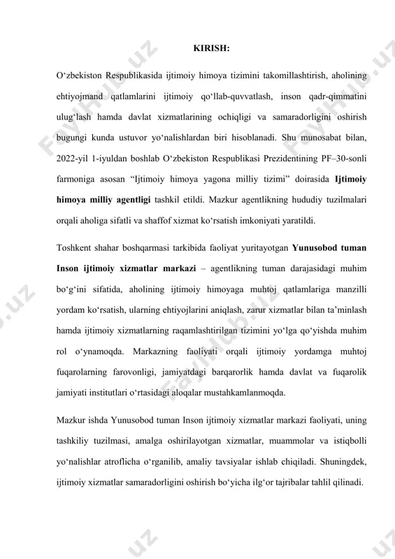 atga layoqatli ishsiz a'zolari, aholi bandligiga ko'maklashish markazlarida (abkm) ro'yxatdan o'tgan ishsizlar va boshlang'ich tadbirkorlarga ko’maklashishga qaratilgan. ushbu loyiha uchta tarkibiy qismdan iborat: i. ijtimoiy yordam tizimini modernizatsiya qilish. bunga: a) yagona ijtimoiy reyestrni joriy etish va joylashtirish, shuningdek miliiy ijtimoiy reyestrga o'tish; b) kam ta'minlangan oilalar uchun ijtimoiy nafaqalar samaradorligini oshirish orqali ijtimoiy yordam tizimini mustahkamlashni qo'llab-quvvatlash; c) pul nafaqasini to’lab berishdagi pilot loyihani ishlab chiqish, amalga oshirish va baholashni qo'llab-quvvatlash; d) ijtimoiy nafaqalar tizimining nazorati, hisobdorligi va shaffofligini oshirishni qo'llab-quvvatlashga qaratilgan chora-tadbirlar kiradi. 2. tashkiliy-iqtisodiy tuzilmani, muassasaning boshqaruv tizimini, uning bo‘linmalarini o‘rganish. ularning funksiyalarini o‘rganish: a) yangi biznesni boshlash uchun subsidiyalarni oluvchilarga, shuningdek ishsizlar uchun imtiyozli mikrokreditlar oluvchilarga o'z biznesining rentabelligi va muvaffaqiyatini oshirishga qaratilgan ta’lim dasturlari; b) bandlik va tadbirkorlikni rag'batlantirishga, shuningdek ish beruvchilar va ishsizlarga subsidiyalar berish orqali ishsizlikni kamaytirishga qaratilgan mehnat bozori dasturlarini amalga oshirishni moliyaviy qo'llab-quvvatlash; c) yagona milliy mehnat tizimini (ymmt) takomillashtirish, shu …