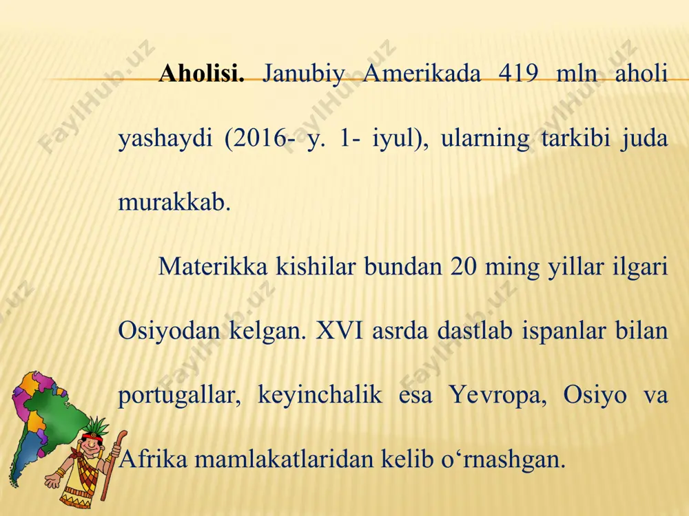o‘g‘larining markaziy yassitog‘liklarida ham aholining zichligi katta. materikning keng ichki tekisliklarida aholi siyrak o‘rnashgan. ekvatorial o‘rmonlarning ayrim joylarida aholi deyarli yashamaydi. tabiatiga insonning ta’siri. milliy bog‘ va qo‘riqxonalari. janubiy amerika tabiatiga insonning ta’siri materikka yevropaliklar kirib kelgandan so‘ng kuchaydi. o‘rmonlar ayovsiz kesildi, ekinzor va yirik plantatsiyalar barpo etildi. natijada, dunyodagi eng yirik o‘rmonzorlardan biri — amazoniya o‘rmonlari maydoni qisqarib bormoqda. xx asrning boshlaridan tabiatni muhofaza qilish masalalariga e’tibor berila boshlandi. hozirgi kunda ko‘p mamlakatlarda milliy bog‘lar va qo‘riqxonalar barpo etilgan. muhofaza etiladigan hududlar materikning 1 % ini tashkil etadi. eng yirik milliy bog‘ va qo‘riqxonalar — jau, chako, manu, parakas, podokarpus va boshqalardir (18-rasm). braziliyadagi jau milliy bog‘i unesco ro‘yxatiga kiritilgan va xalqaro maqom berilgan. 18- rasm. janubiy amerikadagi milliy bog‘lar.