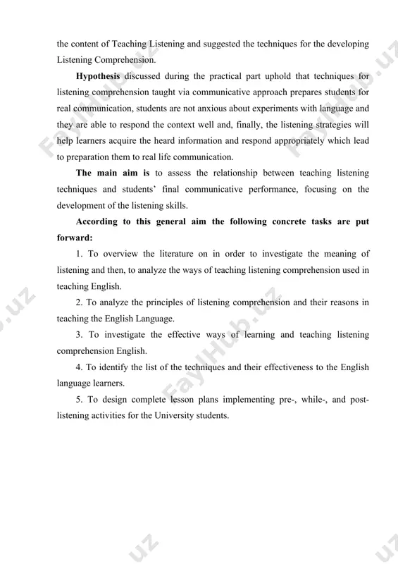 lowing concrete tasks are put forward: 1. to overview the literature on in order to investigate the meaning of listening and then, to analyze the ways of teaching listening comprehension used in teaching english. 2. to analyze the principles of listening comprehension and their reasons in teaching the english language. 3. to investigate the effective ways of learning and teaching listening comprehension english. 4. to identify the list of the techniques and their effectiveness to the english language learners. 5. to design complete lesson plans implementing pre-, while-, and post-listening activities for the university students. chapter i understanding integrated skills in the efl classroom 1.1 definition and concept of integrated skills integrated skills instruction in the efl classroom refers to an approach that combines and connects multiple language skills—such as listening, speaking, reading, and writing—within a single lesson or learning activity. rather than treating each language skill in isolation, integrated …