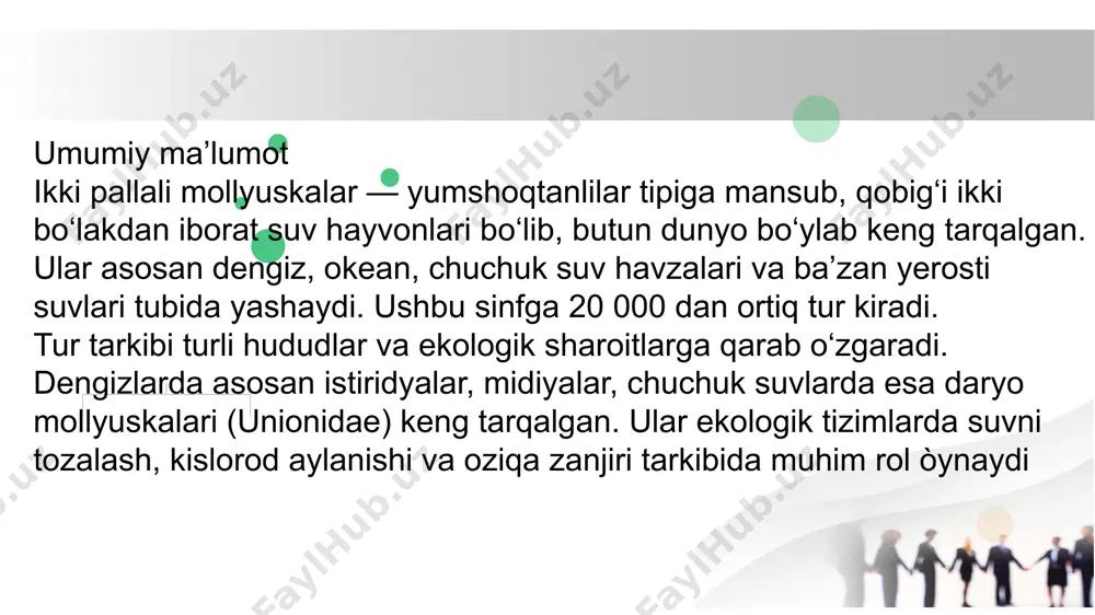 an, murakkab chig‘anoqlar – conus, murex). 2. chuchuk suv havzalarida tarqalishi ko‘llar, daryolar va buloqlarda lymnaea, planorbis, viviparus kabi turlar yashaydi. ular suvning toza yoki iflos bo‘lishiga sezgir bo‘lib, ko‘pincha bioindikatorlar sifatida qo‘llaniladi. 3. quruqlikda tarqalishi nam iqlimli joylarda, o‘rmonlar, bog‘lar, nam yerlar va hatto tog‘ etaklarida helix (uzum salyangozlari) va boshqa yerda yashovchi turlar uchraydi. quruqlik baqachanoqlari asosan yuqori namlik va yumshoq tuproqni afzal ko‘radi. ikki pallali mollyuskalar va ularning turli ekologik sharoit l a r g a m o s l a s h u v i 1. substratga moslashuvi ko‘miluvchi turlar (masalan, venus, tellina) qumli yoki loyqa tublarga osongina ko‘miladi. ular uzun sifonlari orqali nafas olish va oziqlanishni amalga oshiradi. toshli substratga yopishuvchi turlar (masalan, mytilus – midiyalar) maxsus ip (bysuss ipchasi) orqali qattiq yuzalarga yopishadi, bu ularni to‘lqin va oqimlardan himoya qiladi 2. suv harorati va sho‘rlikka moslashuvi ba’zi turlar suv haroratining o‘zgarishiga chidamli bo‘lib, tropikdan …