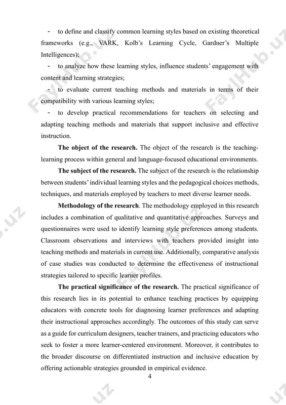 tional one-size-fits-all approach to education often leads to disengagement and suboptimal outcomes. therefore, understanding how students learn through a detailed analysis of their learning styles and selecting appropriate strategies and teaching materials accordingly, is paramount. this paper explores the concept of learning styles, the corresponding learning strategies, and the implications for selecting teaching resources, supported by empirical research and theoretical frameworks. the term “learning styles” refers to the preferred ways individuals absorb, process, comprehend, and retain information. among the most influential models is fleming’s vark model, which classifies learners into visual, auditory, reading/writing, and kinesthetic categories. each of these types requires distinct forms of engagement. for example, fleming & mills states visual learners benefit from diagrams, flowcharts, and mind maps, while auditory learners excel through discussion and verbal instruction[footnoteref:1]. kinesthetic learners require hands-on experience to fully grasp concepts, making real-world applications and physical interaction essential. [1: fleming, neil d., and …