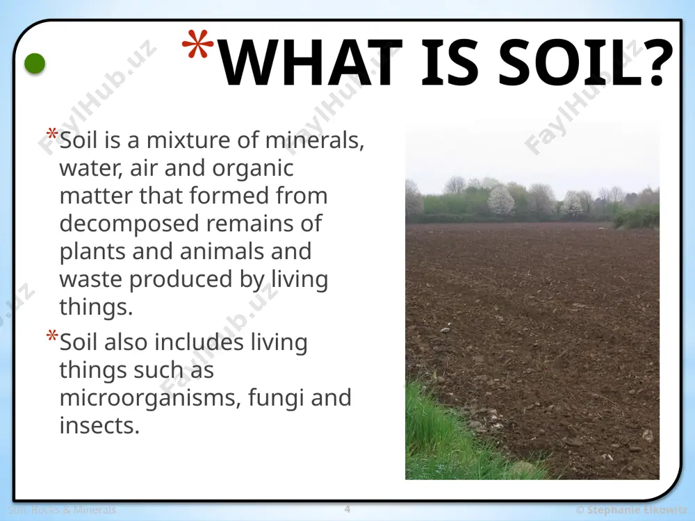 mation in order for soil to form, there must first be parent material. parent material is solid rock and minerals. parent material is often bedrock. bedrock is hard, solid rock that covers earth. this rock is formed from different natural processes. it can become exposed when overlying soil or rock erodes. soil, rocks & minerals © stephanie elkowitz 15 soil formation over time, parent material is weathered or broken down into small particles. the most influential weathering factors are wind, water and plants. soil, rocks & minerals © stephanie elkowitz 16 soil formation eventually parent material is completely broken down into small particles. water and gases mix with the rock and mineral particles. plants begin to grow in the material, organisms move into the material and larger organisms roam the surface of the material. organisms die and decompose into organic matter, which is incorporated into the material. over time, the …