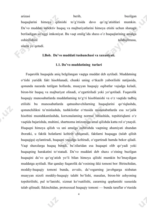 lsa, sud, xo‘jalik sudi yoki xolislar sudi tomoni da’vo ishini ko‘rib, ishning mazmuni bo‘yicha da’voni qondirish yoki qondirmaslik to‘g‘risida qaror chiqaradi. agar da’vo arizasi qonun bilan belgilangan muddatni o‘tkazib berilgan bo‘lsa, sud, xo‘jalik sudi, yoki xolislar sudi muddatning o‘tkazilish sababini muhokama qiladi, agar da’vo muddati uzrsiz sabablar bilan o‘tkazilganligi aniqlansa, o‘tkazilgan muddat tiklanishi va ishning mazmuni bo‘yicha qaror chiqarilishi mumkin. mulkiy munosabatlami tartibga solishda da’vo muddatlari qonun bilan belgilanishi muhim ahamiyatga ega. da’vo muddatining belgilanishi fuqarolik huquqiy munosabatlami mustahkamlashga, qarzning undirilishi, majburiyatning bajarilishi to‘g‘risidagi talablar o‘z vaqtida bajarilishini ta’minlashga, tashkilotlar o‘rtasidagi hisobkitoblar qilinishini tezlatishga, shartnoma va moliya intizomiga rioya etilishini ta’minlashga, xo‘jalik hisobini mustahkamlashga yordam beradi. da’vo muddatlarining belgilanishi fuqarolar o‘rtasidagi huquqiy munosabatlami mustahkamlash uchun ham katta ahamiyatga ega. ma’lumki, da’voni belgilangan muddatda to‘g‘ri hal qilish uchun fuqarolik ishi yuzasidan dalillar to‘plash va ularni chuqur tekshirish lozim. ammo nizoli huquqiy munosabat vujudga kelgan paytdan boshlab uzoq muddat o‘tgan bo‘lsa, dalillami …