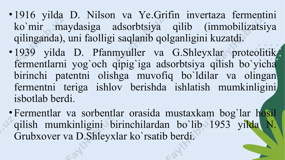qlovchi dietilefiri bilan kuchli aralashtirish natijasida dispers holatga o`tkaziladi. hosil bo`lgan emulsiyaga, to`xtatmasdan polimerning efirdagi eritmasi qo`shib boriladi. polimer (nitrat sellyuloza), suvda erimasligi sababli emulsiyaga tekkan joyda yupqa membrana mikrokapsula hosil qiladi. tayyor bo`lgan mikrokapsula sentrifuga yordamida yoki filtrlash yo`li bilan ajratib olinadi. mikrokapsula hosil qilishning ikkinchi yo`li - ikki moddaning fazalararo polikondensatsiya qilishiga asoslangan. moddalardan biri suvning mayda emulsiyalarida ikkinchisi esa organik fazada erigan bo`ladi. kimyoviy usullarni boshqa usullardan asosiy farqi kimyoviy ta’sir natijasida ferment bilan tashuvchi orasida qo`shimcha kovalent bog`i paydo bo`ladi. bu usulda immobilizatsiya qilingan fermentlarni kamida ikkita ustunligi bor. birinchidan, ferment va tashuvchi orasidagi kovalent bog`, hosil bo`lgan kon’yugatni yuqori mustaxkam qiladi. ikkinchidan, kimyoviy modifikatsiya fermentni faolligini va mo`tadilligini oshirishiga olib keladi. faqatgina kimyoviy yo`l bilan, ko`p nuqtalik bog`lanishlar natijasida fermentni mo`tadilligini oshirish mumkin. bu usulni kamchiligi, ba’zi-bir fermentlar kimyoviy modifikatsiya jarayonida o`z faolligini yo`qotib qo`yadilar. fermentlar xalq xo’jaligini turli tuman sohalarida keng qo’llaniladi. non ishlab …