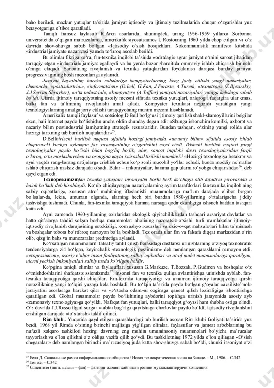 ng urushdan keyingi munosabatlari, manfaatlari va qarama- qarshiliklarini yanada tarangroq tugunga bog‘lagan oqibatlarga olib keldi, shu tariqa butun dunyoni barcha asosiy ko‘rsatkichlar bo‘yicha jahon hamjamiyatiga aylantirdi. pirovardda birinchi va ikkinchi jahon urushlari oralig‘idagi davrda globallashuv jarayonlari yanada bo‘rtibroq namoyon bo‘ldi. bu davrda, globallashuvning asosiy beligilari: a) biosferaga antropogen ta’sirning kuchayishi va insonning real «geologik kuch»ga aylanishi; b) ommaviy madaniyat, avvalo kino, musiqa, adabiyot, keng iste’mol mollari ishlab chiqarish sohasida faol rivojlana boshlashi; v) televizorning ixtiro etilishi,vaqt o‘tishi bilan u ommaviy madaniyatning asosiy targ‘ibotchisiga va globallashuv ramziga aylanishi; g) makon va vaqtni ilk bor insonning kundalik hayoti ko‘rsatkichlariga qadar uzil-kesil «qisqartirgan» havo kemalarida qit’alararo qo‘nmay, to‘g‘ri uchib o‘tishlarlarda namoyon bo‘ldi. ammo yechilmagan ziddiyatlar va umumiy bog‘liqlikning kuchayishi insoniyat tarixidagi eng katta va davomli urush – ikkinchi jahon urushi boshlanishiga olib keldi. bu safar dunyo miqyosidagi urushda yer aholisining to‘rtdan uch qismi ishtirok etdi, birinchi jahon urushiga qaraganda bir necha baravar ko‘proq …
