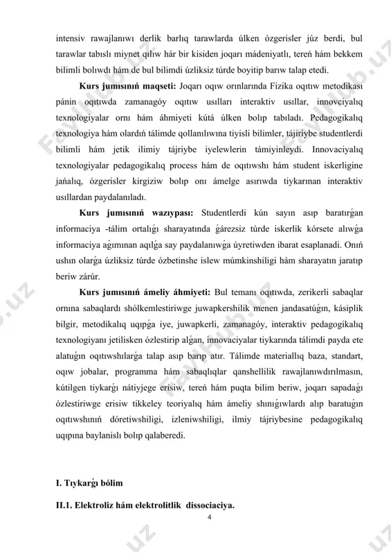 ınjırdan tok óte baslaydı. suyıqlıqta ionlarǵa ajıralatuǵın hám usı sebepli elektr togın ótkizetuǵın zatlar elektrolitler dep ataladı. qattı halında tok ótkizbeydi, lekin eritilip suyıq halǵa keltirilse elektr togın ókizetuǵın zatlar da bar. elektrolitte ionlar qansha kóp bolsa, ol elektr togın sonsha jaqsı ótkizedi. nacl suwda erigende ol tolıǵı menen n ha’m c ionlarǵa ajıraladı. natriy xloridiniń suwdaǵı eritpesi elektr togın jaqsı ótkiziwshi elektrolit esaplanadı. 2-súwret 1-súwret elektroliz qubılısı. elektroliz processi qanday process ekenin biliw ushın tómendegi tájiriybeni kórip shıǵamız. elektroliz processin ótkeriw ushın arnawlı ıdıs (elektrolizor yaki elektrolitlik vanna) alamız. onın ishine mıs (ii) xlorid eritpesin salamız(3-súwret). 3-súwret usı ıdısqa elektrodlardı túsiremiz. birinshi elektrodqa elektr toginıń teris polyarlı, ekinshisine oń polyarlısı jalǵanadı. teris polyarlısı jalǵanǵan elektrod katod hám oń polyarlısı jalǵanǵan elektrod bolsa anod dep ataladı. 4-súwret katod hám anodtı ózgermeytuǵın tok deregine jalǵasaq, reakciya júz beredi. yagnıy mıs (ii)-xlorid quramındaǵı teris zaryadlanǵan cu2+ kationları oń zaryadlanǵan katodqa qaray háreketlenedi. …