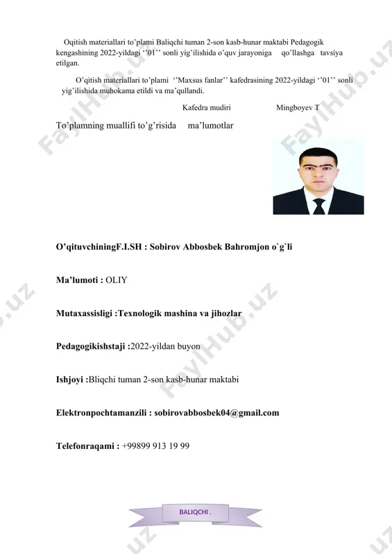 nazariy-amaliy: o’quv mashg’ulot o`quv mashg`uloti rejasi ./tuzilishi 1. kirish. 2. avtomobilning ishonchli ishlashga yaroqliligiga oid asosiy atamalar va tushunchalar 3. avtomobilning uzoq muddatgacha ishlashga yaroqliligiga oid asosiy atamalar va tushunchalar o`quv mashg`ulot maqsadi: o`quv mashg`uloti bo`yicha nazariy amaliy bilimlari to`g`risida ma`lumot berish va ularda mavzuni mustahkamlash, ko`nikma va malakasini shakllantirish o`qitish natijasi ushbu mavzuni o`zlashtirish natijasida o`quvchida shakllanadigan bilim,ko`nikma yoki kompetensiya. pedogogik vazifalar: 1.o`quv mashg`uloti bilan tanishtirish. 2. o`quv mashg`ulotini tushuntirish. 3. o`quv mashg`ulotini tushintirib berish. 4.o`quvchilarga amaliy yuriqnomani berish. 5. o`quv mashg`ulotini nazariy yoritib berish. 6.o`tilgan mavzuda yo`l qo`yilgan xatolarni ko`rsatish. o`quv faoliyati natijalari: 1. o`tilgan nzariy-amaliy mashg`uloti tanishadilar. 2. o`quv mashg`ulotini gapirib beradi. 3. o`quv mashg`ulotini amaliy ko`rsatib beradi. 4.o`quvchilar dars yuriqnoma asosida bajaradi. 5. o`quv dars mashg`ulotini mustaqil nazariy yoritib beradi. 6.o`tilgan mavzuda yo`l qo`yilgan xatolarni ustida ishlaydilar. o`qitish usullari. tushuntirish,ko`rsatish,yo`riqnoma berish, amaliy ko`rsatish va boshqalar. o’quv mashg’ulotining ta’lim texnologiyasi xaritasi faoliyat bosqichlari va vaqti faoliyatning mazmuni …