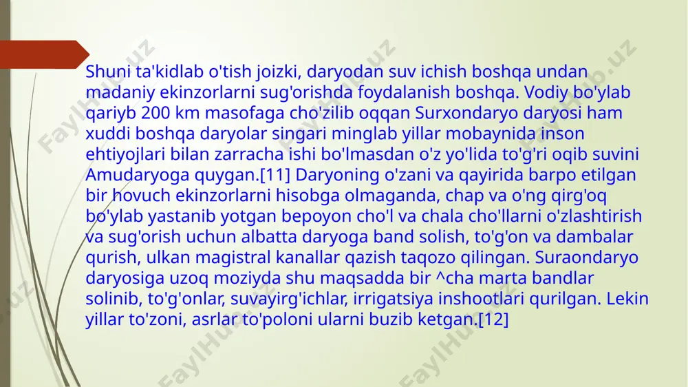 ing o'zgarishiga sabab bo'ldi.[4] suv omborining tevarak atrofi aholining sevimli dam olish joyiga aylandi. suv ombori atrofiga 20 ming tupdan ko'proq manzarali va mevali daraxtlar ekilib, yashil zonalar tashkil etilgan. bu janubiy surxon suv omborining rekreatsion ahamiyatining kattaligidan dalolat beradi. suv ombori atrofida shahar va qishloq seliteb landshaftlari ham barpo etilgan. etiboringiz uchun rahmat