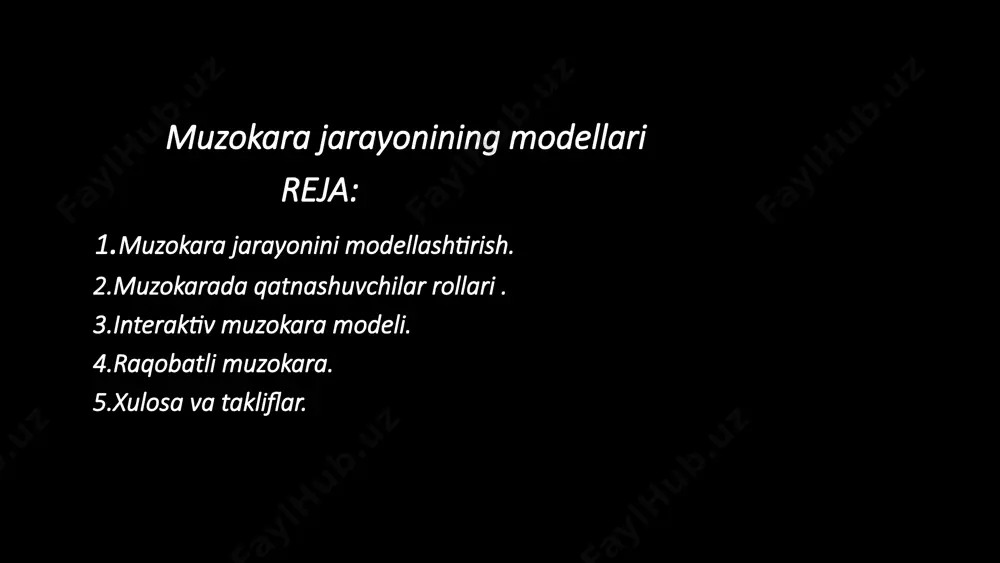rini qidirish. 3 qiyinchiliklarni hal qilish to'qnashuvlarni hal qilish, kompromisslarga kelish va o'zaro kelishuvga erishish. 4 kelishuvga erishish shartnoma yoki kelishuvni rasmiylashtirish, natijalarni qayd etish va keyingi qadamlarni belgilash. 6 interaktiv muzokara modelining afzalliklari 1 1. ochiq muloqot har ikkala tomon o'z fikrlarini ochiq va halol tarzda ifoda etishlari mumkin. 2 2. muammolarni yechish tomonlar birgalikda muammolarni hal qilish usullarini topadilar. 3 3. istiqbolli yondashuv yangi g'oyalar va yechimlarni ishlab chiqish imkoniyati mavjud. 4 4. kelishuvga erishish ehtimoli yuqori tomonlar birgalikda kelishuvga erishish ehtimoli yuqori. 7 ikki tomonlama muzokara modelining xususiyatlari raqobat har bir tomon o'z manfaatlarini himoya qilishga intiladi. kelishuv tomonlar o'zaro kelishuvga erishish uchun kompromisslarga boradilar. natija tomonlar o'rtasida o'zaro qoniqarli kelishuvga erishiladi. 8 integrativ muzokara modelining vazifalari 1 manfaatlarni aniqlash har ikkala tomonning asosiy ehtiyojlarini tushunish. 2 yechimlarni ishlab chiqish tomonlarning manfaatlarini qondiradigan yaratilgan yechimlarni yaratish. 3 kelishuvga erishish har ikkala tomon uchun qoniqarli kelishuvga erishish. 9 …