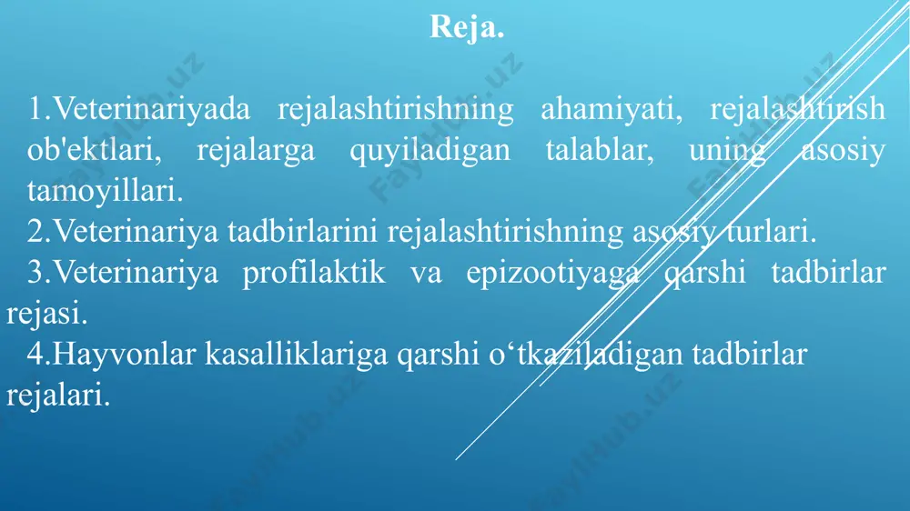 1.veterinariya tadbirlarining rejalari xo‘jalik va ishlab chiqarish davlat rejalariga mos bo‘lib ijobiy ta’sir qilishi lozim. 2. rejallashtirish ko‘p yillik ma’lumotlarga asoslanadi. 3.rejalashtirish paytida bajarilgan ishlar tanqidiy tahlil qilinib, yutuqlar hisobga olinadi. 4. rejalashtirilayotgan tadbirlar aniq bo‘lib, muddati, miqdori va xarajati ko‘rsatiladi. 5.rejalar real-imkoniyat darajasida bo‘lishi lozim. 6. kasalliklarning rivojlanish qonuniyati e’tiborga olinadi. 7. profilaktik, davolash va sog‘lomlashtirish tadbirlari iqtisodiy hisob-kitob qilinishi lozim. rejalashtirishning asosiy tomoyillari a) yaxlitlik - barcha xo‘jalikdagi aniq belgilangan veterinariya tadbirlari bir paytda o‘tkazilishi shart; b) umumiylikning - maxsus veterinariya tadbirlarini xo‘jalik tashkilliy rejalari bilan monandligi; v) ommaviylik (demokratlik) - barcha rejalashtirish ishlari qo‘yidan yuqoriga qadar bajariladi; g) etakchi tadbir - rejadagi 1-darajali yoki bosh tadbirga urg‘u beriladi. veterinariya tadbirlarini rejallashtirishda veterinariya statistikasining ma’lumotlaridan foydalanish veterinariyada rejalashtirishga qo‘yiladigan eng muhim talablardan biri, veterinariya statistikasi ma’lumotlarini o‘rganish va tahlili hisoblanadi. u veterinariya tadbirlarini rejalashtiradigan mutaxassisga hayvonlarning umumiy kasalliklarining yuzaga kelishining qonuniyligini ochib beradi. qishloq xo‘jalik hayvonlarining kasallanishi va …
