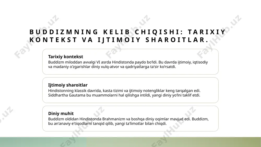 oni sifatida muhim ahamiyatga ega. bu ruhiy o‘sishning asosiy vositasi hisoblanadi. 2 meditatsiya turlari buddizmda bir qancha meditatsiya usullari mavjud, masalan, vipassana va samatha. har biri ongni kuchaytirish va ruhiy holatni yaxshilashga qaratilgan. 3 meditatsiya va etik meditatsiya, buddist etikasi bilan bog‘liq bo‘lib, ruhiy o‘sish va ahloqiy qadriyatlarni kuchaytirishga yordam beradi, shuningdek, boshqalar bilan munosabatlarni yaxshilaydi. buddha ta'limotlarining etik asoslari: ahloqiy tamoyillar. 1 buddizm etikasi buddizmning etikasi, ahloqiy tamoyillar va insoniy qadriyatlar asosida shakllanadi, bu esa odamlarning o'zaro munosabatlarini yaxshilashga qaratilgan. 2 to'rt yuzlik haqiqat buddha ta'limotiga ko'ra, hayotdagi azob-uqubatlar va ularning sabablari, shuningdek, azobdan qutilish yo'llari to'g'risida tushuncha mavjud. 3 karma tamoyili karma tamoyili, har bir harakat va fikrning natijalari borligini anglatadi; yaxshi amal yaxshi natijaga, yomon amal esa yomon natijaga olib keladi. 4 o'z-o'zini anglash buddizmda o'z-o'zini anglash va meditatsiya orqali ichki tinchlikka erishish ahamiyati katta. bu jarayon ahloqiy tarbiya va ruhiy o'sishga yordam beradi. buddizmda keng tarqalgan …