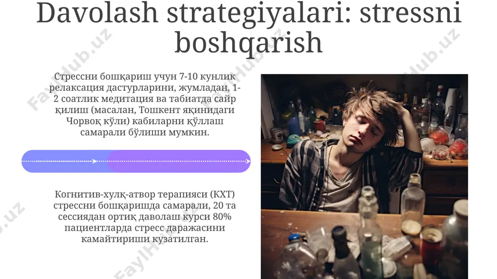 ish uchun samarqanddagi katta miqyosli epidemiologik tadqiqotlar zarur. stressni boshqarish va giyohvandlikdan davolanish giyohvandlikdan davolanish jarayonida, ayniqsa, avstraliyada, biofeedback texnologiyalari yordamida stress darajasini kuzatib borish va boshqarish samaradorligi 30% ga oshganligi kuzatilgan. stressni boshqarish dasturlari, masalan, 8 haftalik kognitiv-xulq terapiyasi (kxt) kursi, aqshning turli klinikalarida giyohvandlikdan davolanayotgan bemorlarda qaytalanish xavfini 20% ga kamaytirganligi aniqlangan. giyohvandlikdan kelib chiqadigan stress giyohvandlikdan kelib chiqadigan stress, qaramlikning 70% holatlarida ruhiy kasalliklarning, masalan, depressiya va xavotirning rivojlanishiga olib kelishi mumkin, bu samarqand viloyatining statistikasida ham tasdiqlangan. giyohvand moddalarni iste'mol qilishdan kelib chiqadigan stress, miyada dopamin darajasining 15% ga pasayishiga olib kelishi mumkin, bu esa toshkent shahri kabi yirik shaharlarda giyohvandlikni davolashning qiyinlashishiga sabab bo'ladi. psixologik omillar: stress va giyohvandlik kortizol gormoni darajasining uzluksiz yuqori bo'lishi (stressning asosiy belgisi) miya mukofot tizimiga salbiy ta'sir ko'rsatib, giyohvand moddalarga bo'lgan ehtiyojni 30% ga oshirishi mumkin, deya ta'kidlaydi janubiy afrika respublikasidagi olimlar. stressning 20% dan ortiq hollarda giyohvandlikka olib …