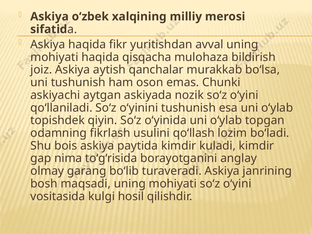 san voiz, said g‘iyosiddin, sharfiy, halil sahhob, muhammad badaxshiy kabi o‘tkir so‘z ustalari borligini aytib o‘tgan. hunarmandchilik rivojlangani sari askiya ham keng ommalashdi. ayniqsa, bo‘z, atlas to‘qiydigan kosiblar qo‘l va oyoqlari muttasil harakatda bo‘lgani bois yo qo‘shiq, ashula aytishgan, yo askiya bilan ko‘ngilni ovutishgan. bu jihatdan farg‘ona vodiysi aholisi alohida ajralib turgan. yusufjon qiziq shakarjonov, mamayunus tillaboyev, erka qori karimov, amin buva, g‘anijon toshmatov, tursun buva aminov, abdulhay maxsum kabi mashhur so‘z ustalari askiya san’atini rivojlantirishda munosib hissa qo‘shdilar. askiya san’atining asosini badiiy adabiyotdagi iyhom deb ataluvchi badiiy tasvir vositasi tashkil etadi. masalan, rasul muhammadiyev 1962-yilda e’lon qilgan “askiya” kitobida quyidagi matnni keltiradi: “qodirjon aka: - ikromiddin, bu yoqqa qarang, bizga pishirishingiz bitta osh, qovoq ham solasiz-a! ikromiddin: - qodirjon aka, sizlardaqa aziz mehmonlarga atab har xil ovqat qilganmiz: bu sho‘rva, oshqovoqda... ikromiddin: -... bir oz u yoq-bu yoqdan gaplashib o‘tiringlar, boshqa ovqat qilaman: qovoq-siz! endi askiyada qayta-qayta takrorlangan “qovoq” …
