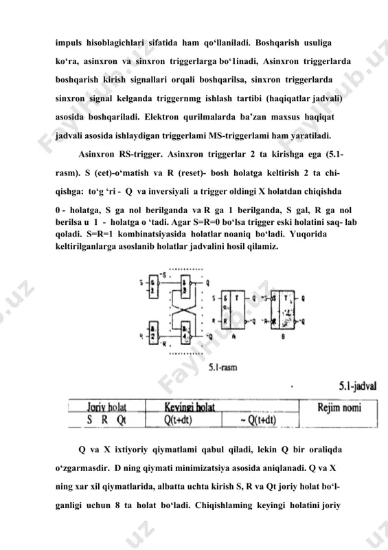 hamda boshqarish usullariga qarab statistik boshqaruvli triggerlar turiga bo‘linadi. oxirgi vaziyatda to^g^ri va inversiyali kirish boshqaruvi to ^ - risida gapiriladi.triggeriar telemexanika va avtomatika qurilmalarida, xotira elementlari sifatida keng qo‘llanilib keladi. ba’zan triggerlardan to‘rtburchakli ilpuls generatori sifatida yoki raqamli qurilmalarda impuls hisoblagichlari sifatida ham qo‘llaniladi. boshqarish usuliga ko‘ra, asinxron va sinxron triggerlarga bo‘1inadi, asinxron triggerlarda boshqarish kirish signallari orqali boshqarilsa, sinxron triggerlarda sinxron signal kelganda triggernmg ishlash tartibi (haqiqatlar jadvali) asosida boshqariladi. elektron qurilmalarda ba’zan maxsus haqiqat jadvali asosida ishlaydigan triggerlami ms-triggerlami ham yaratiladi. asinxron rs-trigger. asinxron triggerlar 2 ta kirishga ega (5.1- rasm). s (cet)-o‘matish va r (reset)- bosh holatga keltirish 2 ta chi- qishga: to‘g ‘ri - q va inversiyali a trigger oldingi x holatdan chiqishda 0 - holatga, s ga nol berilganda va r ga 1 berilganda, s gal, r ga nol berilsa u 1 - holatga o ‘tadi. agar s=r=0 bo‘lsa trigger eski holatini saq- lab …