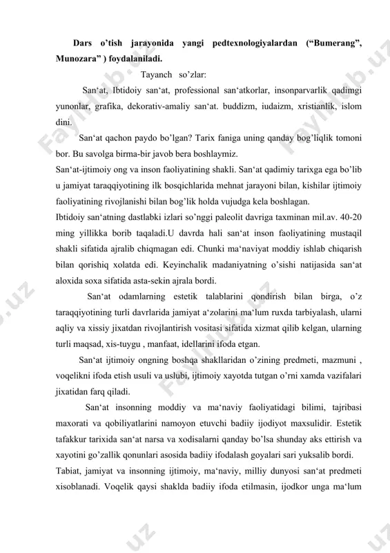 ari asosida badiiy ifodalash goyalari sari yuksalib bordi. tabiat, jamiyat va insonning ijtimoiy, ma‘naviy, milliy dunyosi san‘at predmeti xisoblanadi. voqelik qaysi shaklda badiiy ifoda etilmasin, ijodkor unga ma‘lum ijtimoiy-estetik ideal nuqtai nazardan munosabat bildiradi va o’z estetik baxosini beradi. san‘at turli ko’rinishlari bilan o’ziga xos badiiy estetik qadriyatalrini to’plash, saqlash va boshqalarga uzatish xususiyatiga ega bo’lgan estetik tizimni tashkil etadi. sinfiy jamiyat vujudga kelishi bilan esa ijtimoiy taraqqiyotda katta o’zgarishlar sodir bo’ladi. aqliy mehnat jismoniy mehnatdan ajralib chiqa boshlaydi.bu esa fan va san‘at rivojida muhim ahamiyat kasb etadi. professional san‘at va san‘atkorlar shu davrda paydo bo’ldi. san‘at esa o’zining spetsifek xususiyatini, sinfiyligining namoyon etib, hukmron sinfning idealogiyasini targib etuvchi kuchli goyaviy qurolga aylandi. lekin shunga qaramay omma orasidan yetishib chiqqan iste‘dodli ijodkorlar mehnatkash xalq ommasining orzu- istaklarini ularning go’zallik va xudbinlik, olijanoblik va insonparvarlik haqidagi tushunchalarini ifoda etuvchi asarlar yaratdilar. xalqning turmushi, xulq va odatlari, yutuq va maglubiyatlari ularning asarlarida …