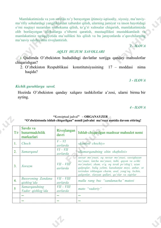 hujum savollari 1. qadimda o’zbekiston hududidagi davlatlar xorijga qanday mahsulotlar chiqarishgan? 2. o’zbekiston respublikasi konstitutsiyasining 17 – moddasi nima haqida? 3 - ilova kichik guruhlarga savol. hozirda o’zbekiston qanday xalqaro tashkilotlar a’zosi, ularni birma bir ayting. 4 - ilova “konsiptual jadval” – organayzer “o’zbekistonda ishlab chiqarilgan” nomli jadvalni ma’ruza asosida davom ettiring! t/r savdo va hunarmadchilik markazlari rivojlangan davri ishlab chiqarilgan mashxur mahsulot nomi 1. choch v – vi asrlarda «kamoni chochiy» 2. samarqand vi – vii asrlarda «samarqandning oltin shaftolisi» 3. xorazm vii – viii asrlarda suvsar mo‘ynasi, oq suvsar mo‘ynasi, sassiqkuzan mo‘ynasi, latcha mo‘ynasi, tulki, quyon va echki mo‘ynalari, sham, o‘q, oq terak po‘stlog‘i, uzun qalpoqlar, baliq yelimi, kanakunjut moyi, anbar, ot terisidan ishlangan charm, asal, yong‘oq, lochin, qalqonlar, slavyan qullari, qo‘ylar va sigirlar 4. buxoroning zandana qishlog‘ida vii – viii asrlarda malla rang buz “zandanacha” matosi 5 samarqandning vador qishlog‘ida vii – viii asrlarda mato “vadoriy” ... …