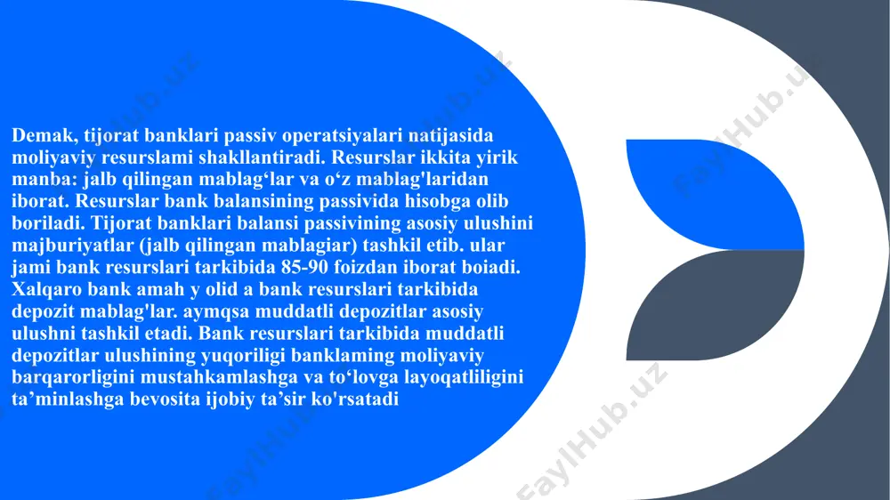 oq muddatli kreditlarga boiinadi. hisob –kitob operatsiyalari banklar mijozlarning topshiriqlanga asosan turli maqsadlarga ulaming hisobvaraqlarini debetlash orqali oikazadi, shuningdek, ssuda operatsiyalari ham bevosita kredit oluvchining ssuda hisobvarag1 ini debetlash orqali amalga oshiriladi investitsion operatsiyalar banklar xo' jalik yurituvchi subyektlar va davlatning qimmatli qog‘ozlariga moliyaviy mablagtami joylashtiradi summary bozor iqtisodiyoti sharoitida tijorat banklari mijozlarning moliyaviy xizmatlarga b oigan ehtiyojlarini qondirish va foyda manbasini oshirish maqsadida qator noananaviy operatsiyalami bajaradi. v unday' operatsiyalar sirasiga faktoring, kredit - ijara (lizing), kontokorrent (overdraft), forfeyting, trast kabi operatsiyalami kiritish mumkin. presentation title tijorat banklarining noananaviy operatsiyalari presentation title faktoring operatsiyalari faktoring operatsiyalarida banklar tovar sotib oluvchining qarz hujjatlarmi sotib oladi, unda asosan uchta tomon ishtirok etadi. birinchisi, faktor - vositachi, bankning faktoring operatsiyalarini bajaruvchi bo'limi. odatda, rivojlangan mamlakatlar tajribasida faktoring operatsiyalarini amalga oshirishga ixtisoslashgan faktoring kompaniyalari tashkil etish amaliyoti ham mavjud. ikkinchisi, mijoz (tovar sotuvchi yoki xizmat ko 'rsatuvchi), faktor - vositachi bilan kontrakt tuzuvchi …