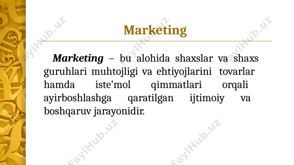 lariga daxldor ijtimoiy-iqtisodiy konsepsiyadir. marketing asosida bozorni har taraflama o‘rganish yo‘nalishlarining asosiylaridan quyidagilarni ko‘rsatib o‘tish zarur: marketing asosida bozorni har taraflama o‘rganish yo‘nalishlarining asosiylaridan quyidagilarni ko‘rsatib o‘tish zarur: talabni o‘rganish; bozor tarkibini aniqlash; tovarni o‘rganish; raqobat sharoitlarini tadqiq qilish; sotish shakli va uslublarini tahlil etish marketing quyidagilarni o‘rgatadi • bozorni o‘rganishni; • uni taqsimlashni; • tovarlarni joylashtirishni; • marketing siyosatini olib borishni; • tovar siyosatini; • narx siyosatini; • taqsimot siyosatini; • siljitish (yo‘naltirish) siyosatini; • yuksalish, qo‘shimcha xizmatlarni (plus) - (bunga marka, sotishdan keyingi xizmat, kafolat va texnik yordam, etkazib berish, assortiment, shaxsiy iste’mol va boshqalarni kiritish mumkin). marketing asosida bozorni har taraflama o‘rganish yo‘nalishlarining asosiylaridan quyidagilarni ko‘rsatib o‘tish zarur: 1 talabni o‘rganish 2 bozor tarkibini aniqlash; 3 tovarni o‘rganish 4 raqobat sharoitlarini tadqiq qilish 5 sotish shakli va uslublarini tahlil etish marketing quyidagilarni o‘rgatadi: bozorni o‘rganishni; uni taqsimlashni; tovarlarni joylashtirishni; marketing siyosatini olib borishni; tovar siyosatini; narx siyosatini; …