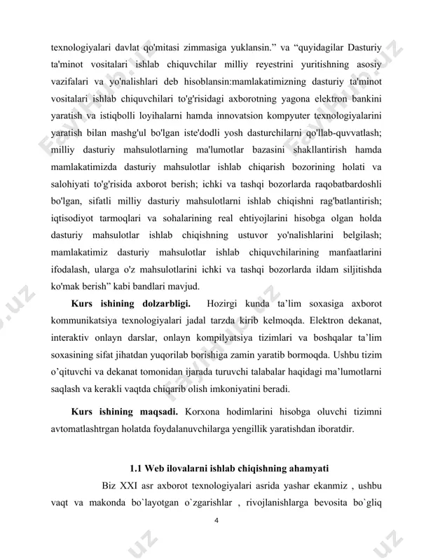 arni kuzatish imkoniga egasiz. ho`sh bunaqa imkoniyatlar qaerdan paydo bo`ldi? bularning barchasi men, siz, barchamizning talablarimiz va pul toppish ilinjida bo`lgan dasturchi, tadbirkor va yaxshi g`oyali hohlagan kasb egasining faolligidir. hozirgi kunga internetda millionlab xizmat va milliardlab maxsulotlar pullik va bepul ko`rinishda haridorlariga yetkazilmoqda. bizning internetga bog`lanishimiz uchun kerak bo`ladigan trafik miqdorlari ham mo`maygina biznes maxsulotiga ayanib bo`lgan. 1.2 web-saytlar turlari siz internetda o`z maxsulot yoki xizmatingizni taklif qilishning eng soda yo`li bu web-saytdir. web-saytlarning ham turlari juda ko`p, quyida ba’zilari bilan tanishib chiqamiz. sayt — bu umumiy tushuncha bo‘lib, uni ko‘rinishi, bajaradigan vazifasiga qarab bir necha turlarga bo‘lish mumkin. maqola aynan sayt turlariga bag‘ishlanadi. sayt ko‘rinishlari(turlari): — internet orqali tanishtiriluvchi saytlar; — axborot resurslari; — veb xizmatlar; bu turlar asosiylari hisoblanib, o‘z navbatida bular ham ma’lum qismlarga bo‘linadi. intrenet orqali tanishtiriluvchi saytlar: — vizitka saytlari; — korporativ saytlar; — internet do‘konlar; — promo saytlar. axborot resurslari: — tematik saytlar; …