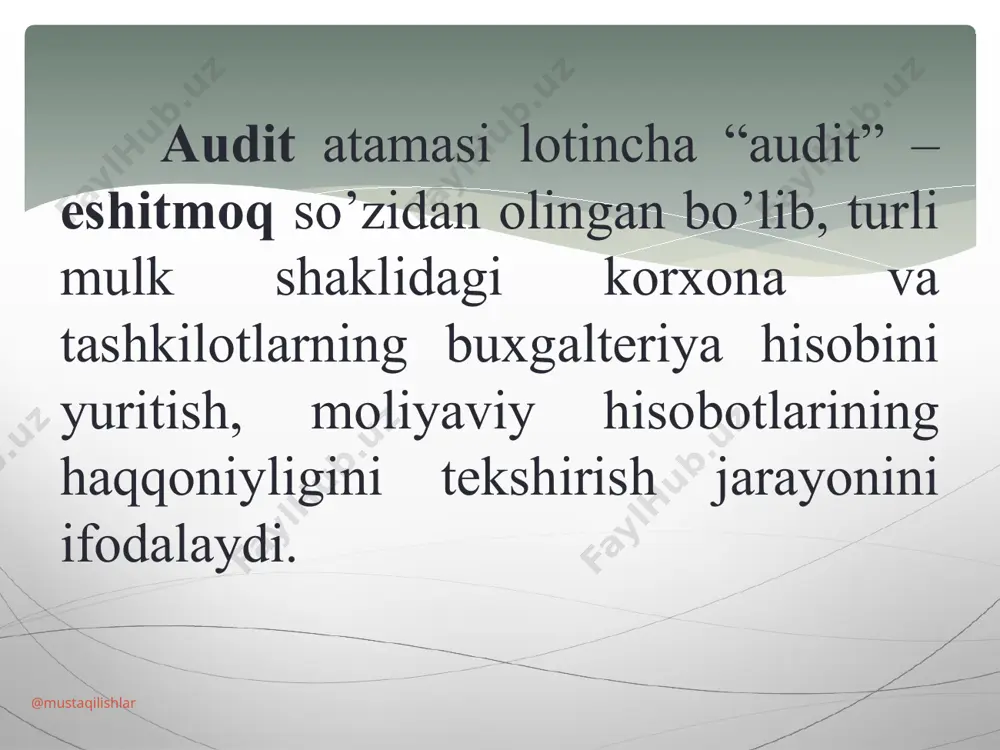 6 yil 24 iyul o’zbekiston respublikasi prezidentining “bank auditi tizimini rivojlantirish chora-tadbirlari to’g’risida”gi farmoni 1998 yil “o’zbekiston respublikasida bank auditi to’g’risida”gi nizom 1998 yil 4 iyul “o’zbekiston respublikasida banklarni audit qilish tog’risida”gi nizom bank auditiga tegishli me’yoriy hujjatlar @mustaqilishlar 2000 yil 24 iyun “o’zbekiston respublikasida banklarni auditorlik tekshiruvi to’g’risida”gi nizom 2000 yil 26 may “auditorlik faoliyati to’g’risida”gi qonun 2004 yil 20 aprelda «tijorat banklarining ichki auditiga markaziy bank tomonidan qo’yiladigan talablar tp’g’risida”gi nizom 2007 yil 4 aprel “auditorlik tashkilotlari faoliyatini yanada takomillashtirish to’g’risida”gi o’zbekiston respublikasi prezidentining qarori bank auditiga tegishli me’yoriy hujjatlar @mustaqilishlar 1.tashqi audit - banklar buyurtmalariga asosan mustaqil auditorlik firmalari tomonidan amalga oshiriladi. 2.ichki audit – bank kengashiga bo’ysunadi va bankning o’zida tashkil etiladi. 3.ichki nazorat – bankning kunlik operatsiyalari ustidan nazorat olib boradi. audit turlari @mustaqilishlar mustaqillik xolislik erkinlik professional malakalilik maxfiylik auditorlik faoliyatining asosiy prinsiplari quyidagilar: @mustaqilishlar buxgalteriya hisobini yo‘lga qo‘yish, qayta tiklash va yuritish; moliyaviy …