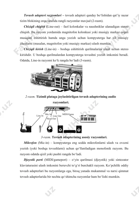 yom modemni ulash uchun qo‘llaniladi. u internet orqali teleanjuman o‘tkazish uchun zarurdir. bu razyom yashil rangda bo‘ladi. turli xil qo‘shimcha platalarni ulash uchun mo‘ljallangan razyom – eng katta o‘lchamga ega va ide ga juda o‘xshaydi. tovush kartasiga ulangan qo‘shimcha platalar uning imkoniyatini kengaytiradi. undan tovush bilan ishlovchi mutaxasislar foydalanadilar. ba’zi tovush kartalari joyni tejash uchun tashqi panelida tashqi qurilmaning birdaniga bir nechta razyomlari (s/pdif, line-in/out va midi) ulanishi mumkin bo‘lgan bitta maxsus razyom qismiga ega. tovush adapterining ichki komponentlari o‘zgartirgichlar – ular barcha stereo kanallarda mavjud bo‘lib, analogli-raqamli (aro‘) va raqamli-analogli (rao‘) o‘zgartirgichlar deb ataladi. aro‘ chiziqli kirish yoki mikrofondan kelayotgan analog signalga ishlov berib, uni raqamli signalga aylantiradi. rao‘ raqamli signalni analog signalga o‘zgartirib, uni chiziqli chiqishga uzatadi. hosil qilingan tovushning sifati o‘zgartirgichning bitli chuqurligiga bog‘liq. taktlash chastotasi generatori – sinxronlashtirilgan signalni o‘zgartirgichga uzatadi, shu bilan birga axborotga ishlov berish tezligini belgilaydi. protsessor – biz kolonkadan eshitayotgan analog tovushni …