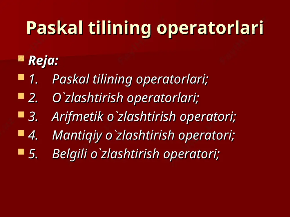 ruvchi nomi bilan xotirada eslab qolinadi. o`zgaruvchining oldingi qiymati esa (agar u bo`lsa) yo`q bo`lib ketadi. o`zlashtirish operatorini yozishdagi eng muhim narsa, bu ifoda va o`zgaruvchilarning bir xil tipli bo`lishligidir. o`zlashtirish belgisining o`ng tomonidagi ifodaning natijaviy tipiga qarab, o`zlashtirish operatorini uch xil guruhga ajratish mumkin: arifmetik o`zlashtirish operatori, mantiqiy o`zlashtirish operatori, belgili o`zlashtirish operatori. arifmetik o`zlashtirish operatori butun yoki haqiqiy tipli, sonli natija beruvchi ifodani (odatda bunday ifodani arifmetik ifoda deb ataladi) hisoblash uchun arifmetik o`zlashtirish operatoridan foydalaniladi. arifmetik ifodada qatnashuvchi barcha o`zgaruvchilar haqiqiy yoki butun tipli bo`lishi kerak. arifmetik ifoda- sonlar, o`zgarmaslar, o`zgaruvchilar va funktsiyalardan tashkil topadi, hamda +, -, *, /, div, mod kabi amallar yordamida yoziladi. arifmetik amallarni bajarilishi quyidagi tartibda bo`ladi : *, /, div, mod, +, -. ifodani bajarilishidagi bu tartibni o`zgartirish uchun kichik qavslardan foydalaniladi. ifodaning qavslar ichiga olib yozilgan qismlari mustaqil holda birinchi galda bajariladi. sanab o`tilgan arifmetik amallarning vazifalari bizga matematika kursidan …